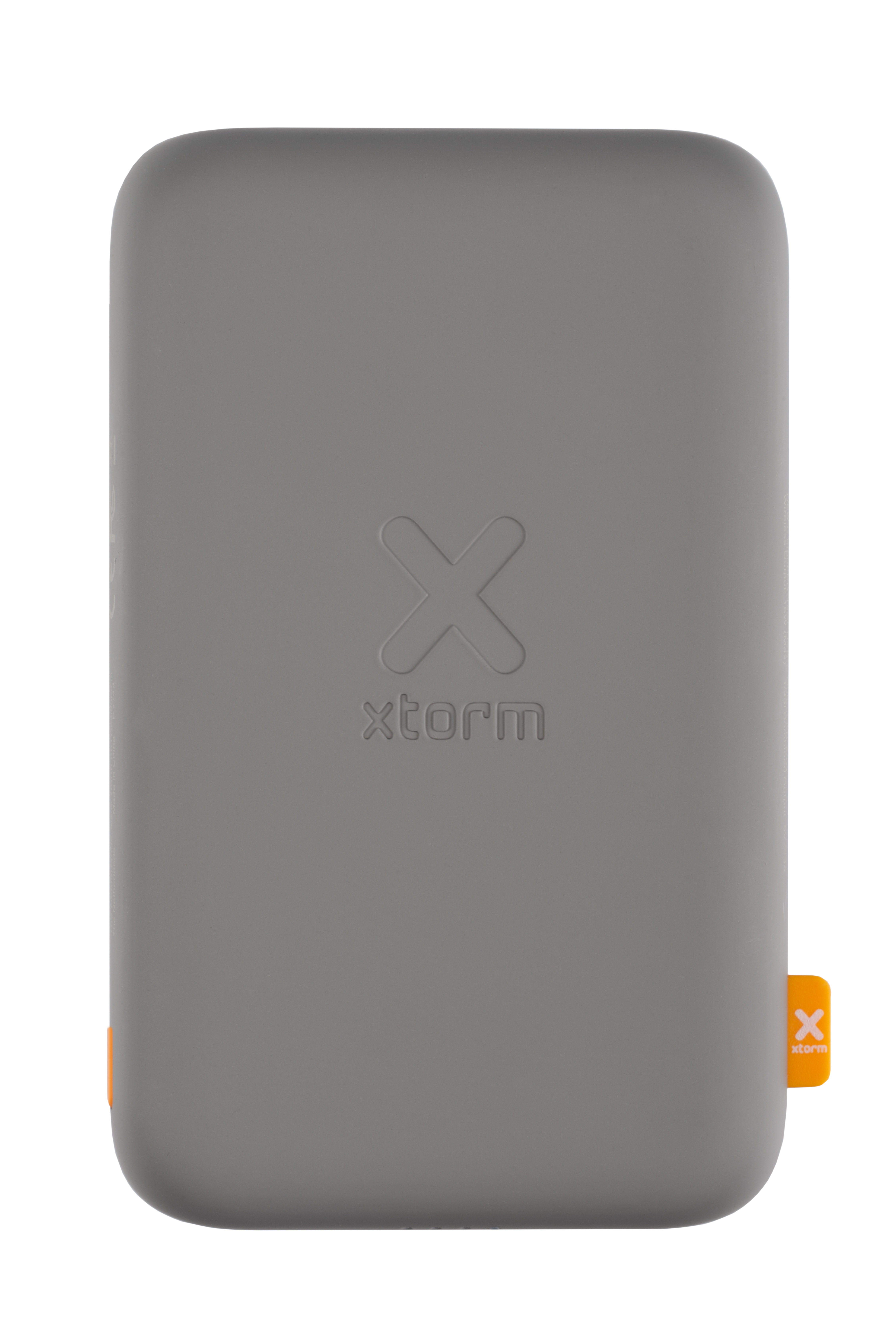 Graue rechteckige Powerbank mit 'x'-Logo und orangefarbenem Akzent. Hat abgerundete Kanten.