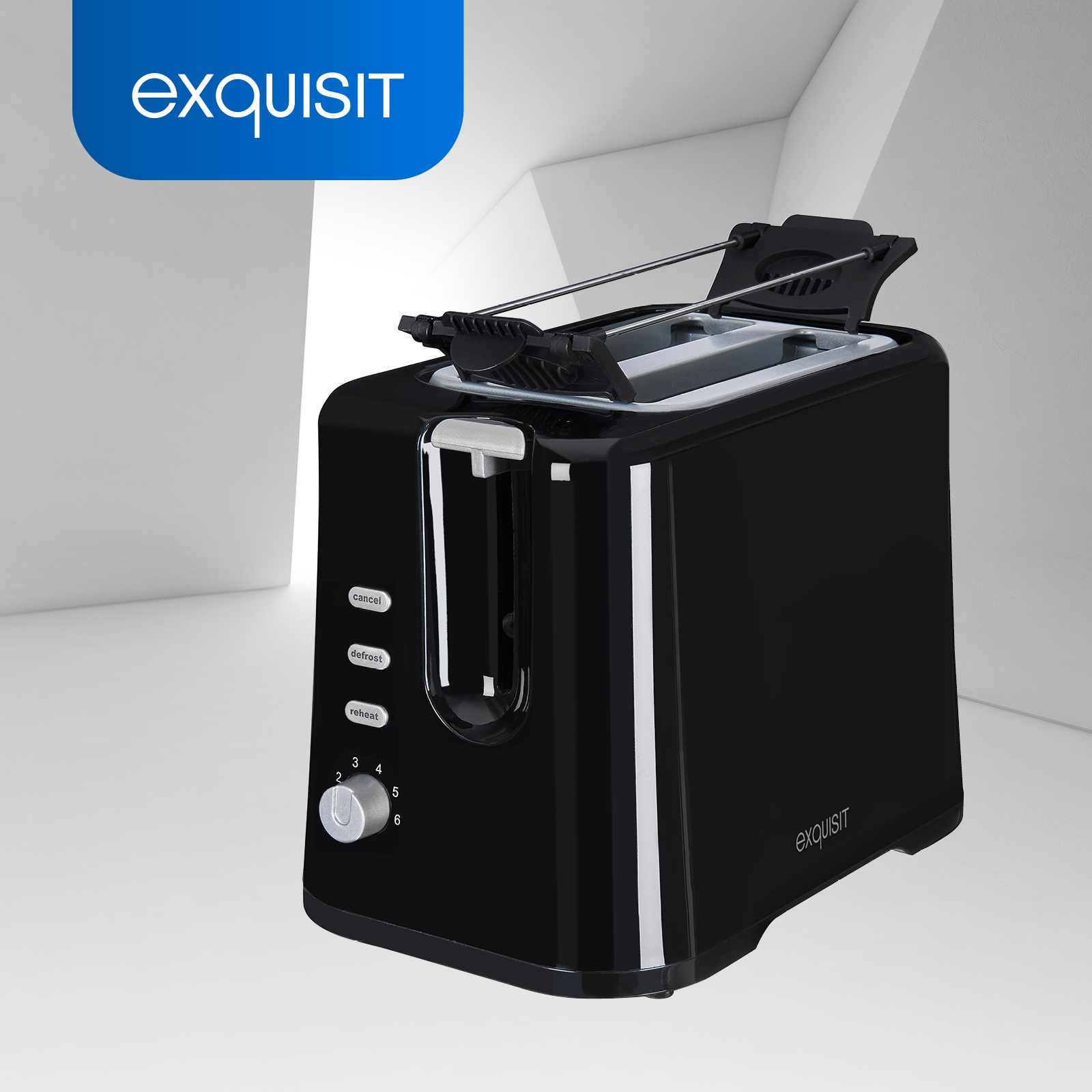 Schwarzer Toaster mit silberner Oberseite und Knöpfen. Die Marke ist Exquisit.