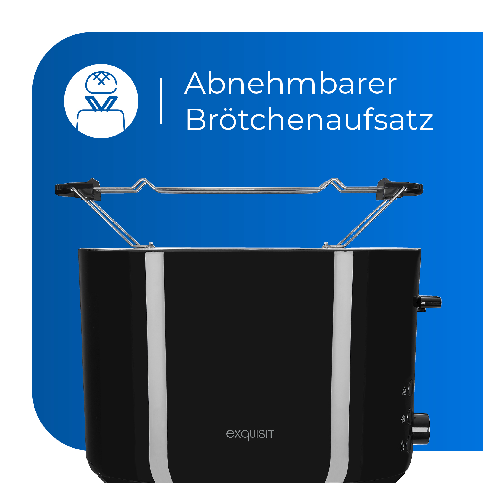 Schwarzer Toaster mit Chromaufsatz. Liest: "exquisit". Abnehmbarer Brötchenaufsatz.