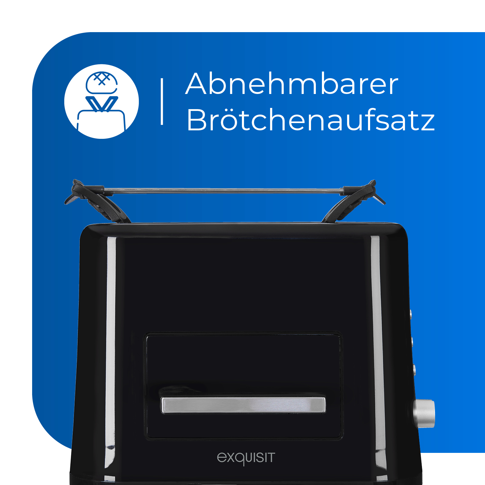 Schwarzer Toaster mit abnehmbarem Brötchenaufsatz. Blaues Etikett oben.