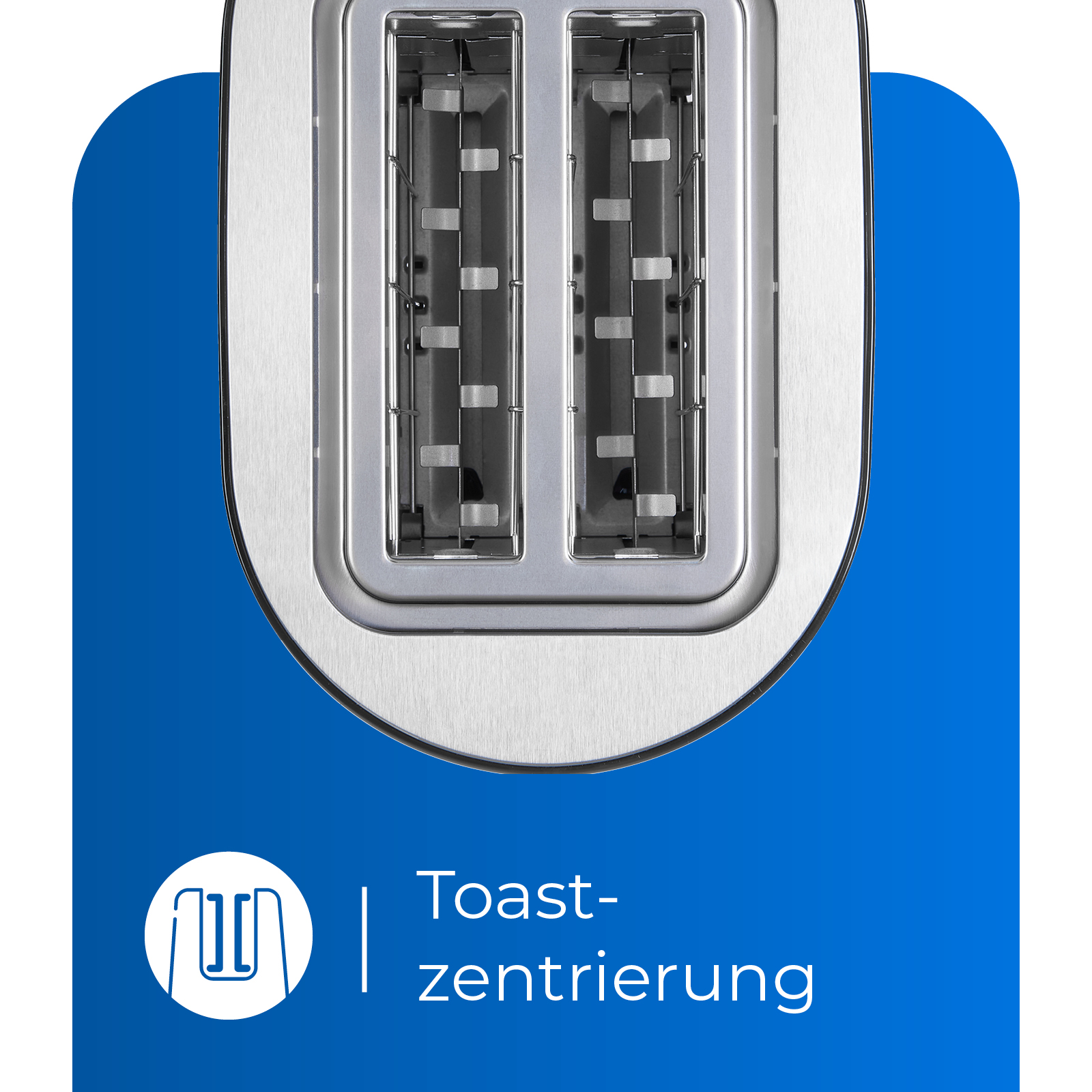 Toaster mit zwei Schlitzen. Ein blaues Banner mit den Worten 'Toast-zentrierung' und einem Toaster-Symbol.