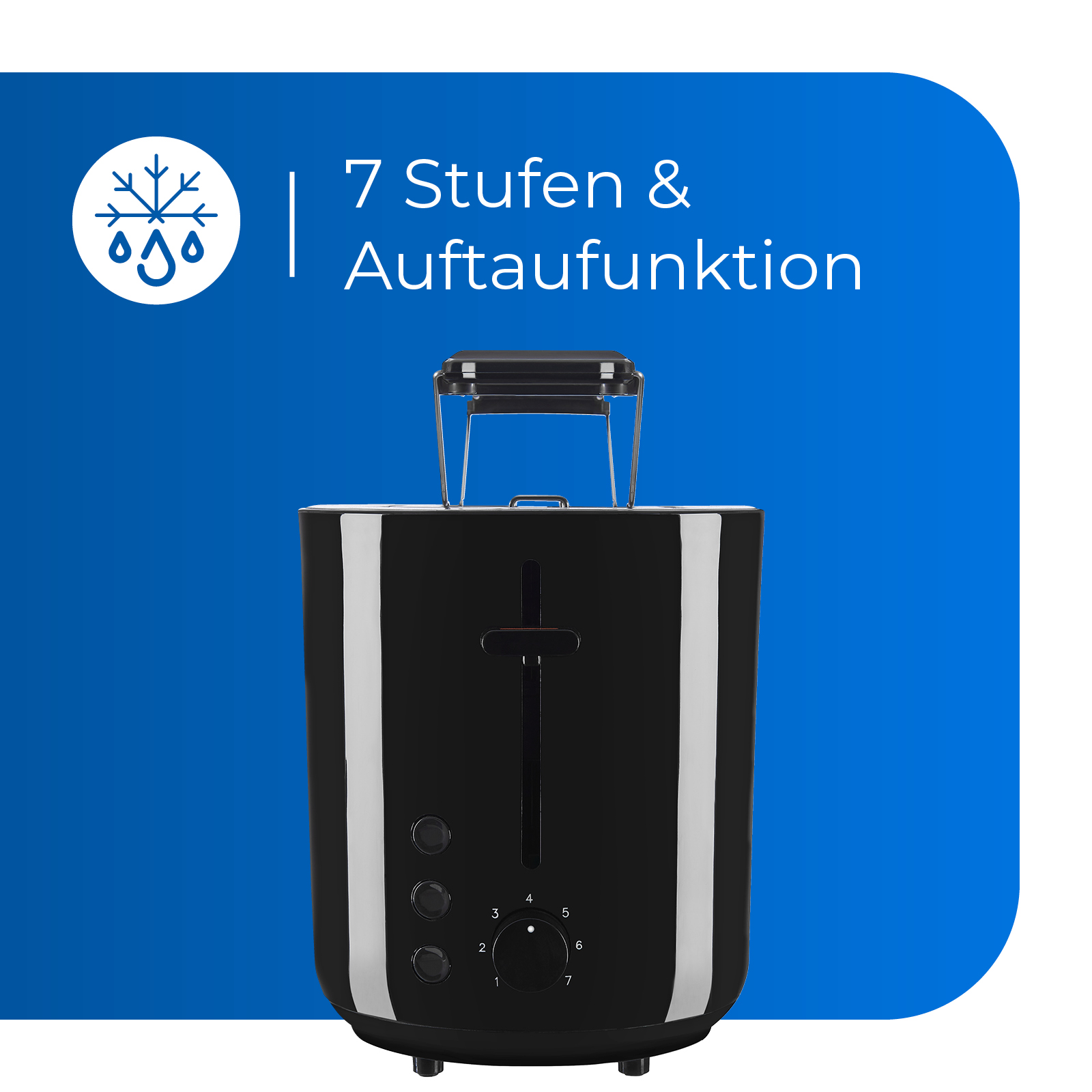 Schwarzer Toaster mit 7 Einstellungen und Auftaufunktion, auf blauem Hintergrund.