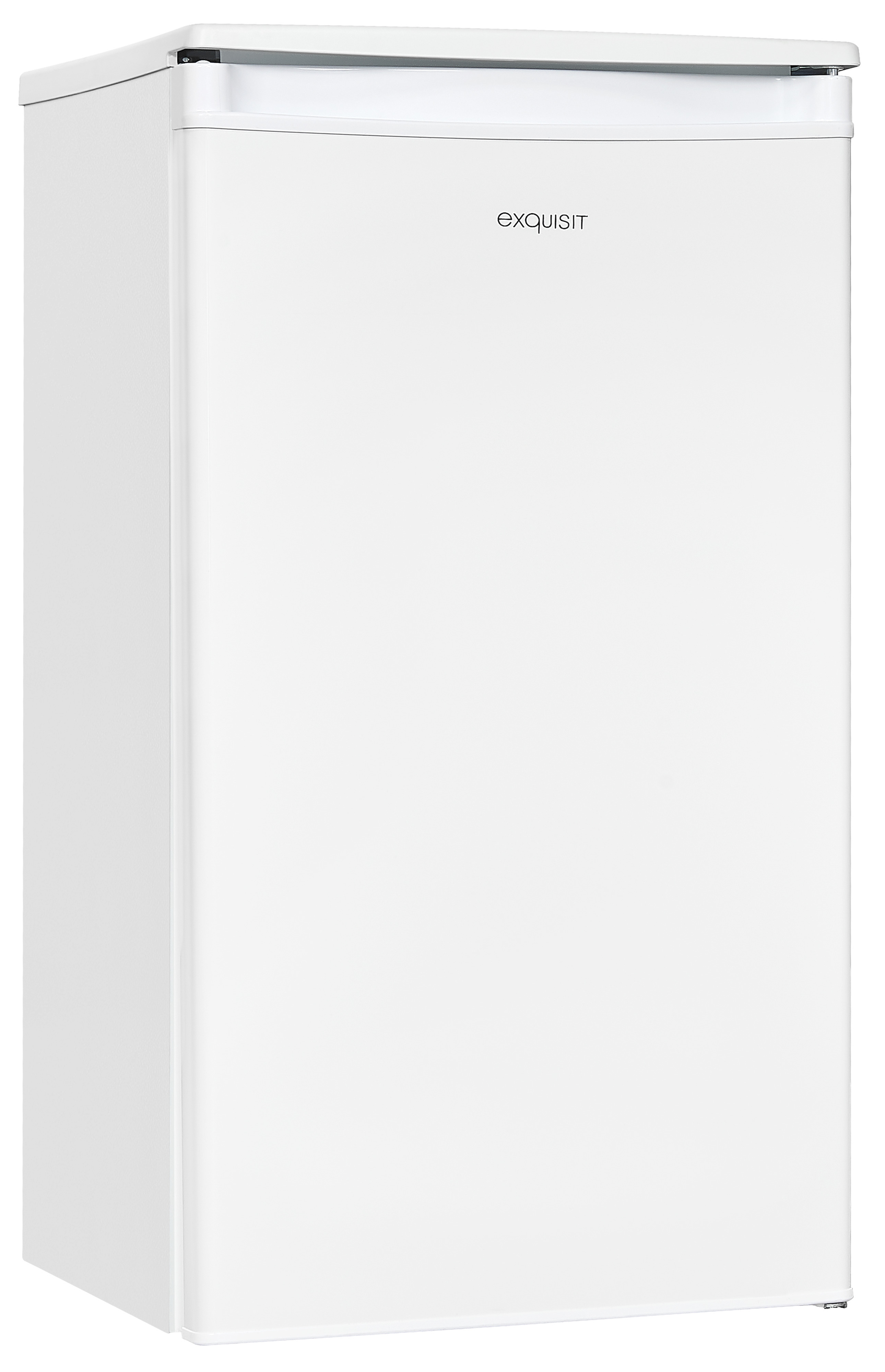 Weißer Kühlschrank mit 'exquisit'-Logo. Weißer Hintergrund.
