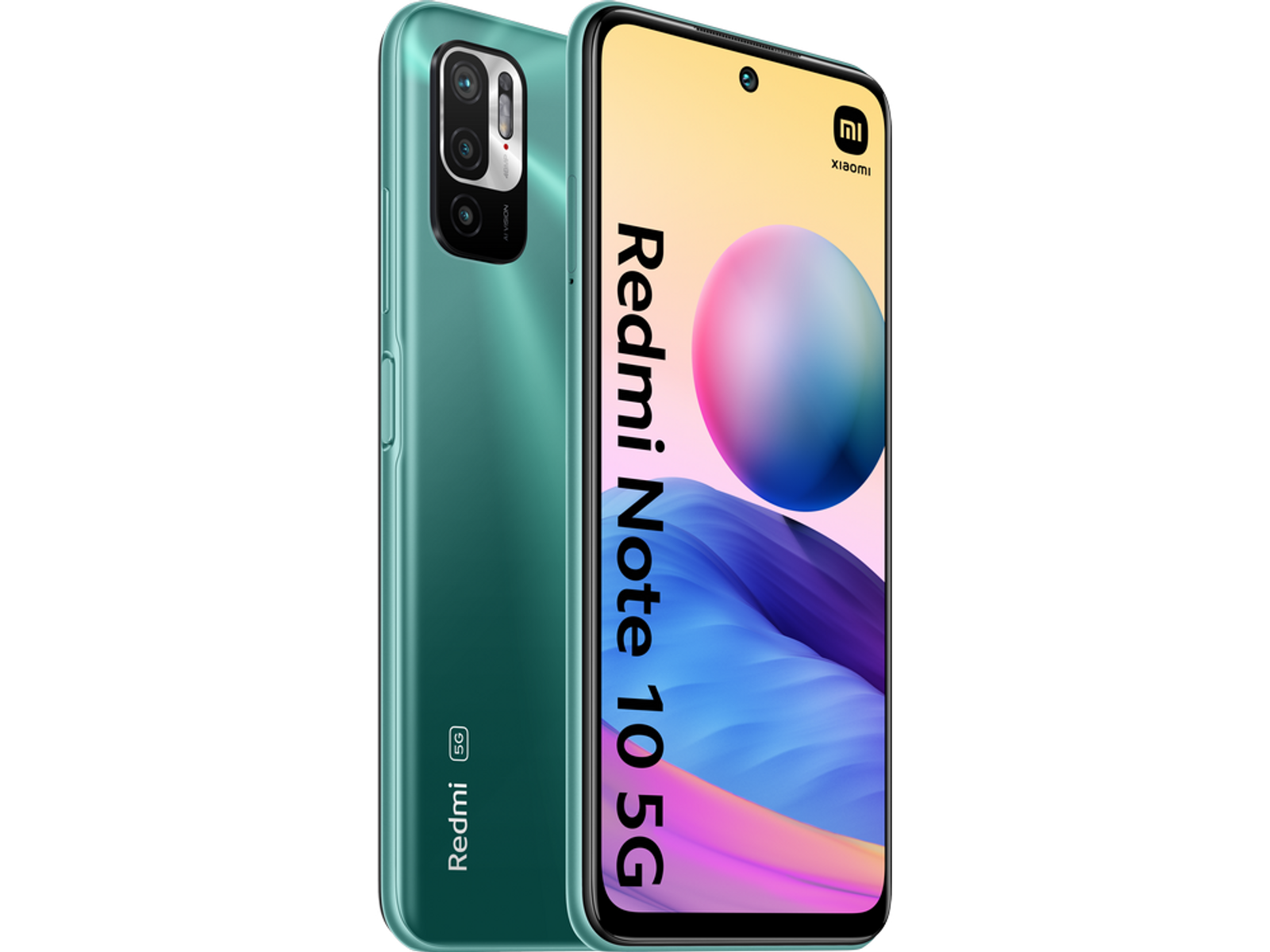 Teléfono verde Xiaomi Redmi Note 10 5G, que muestra la pantalla y la parte trasera con cámaras.