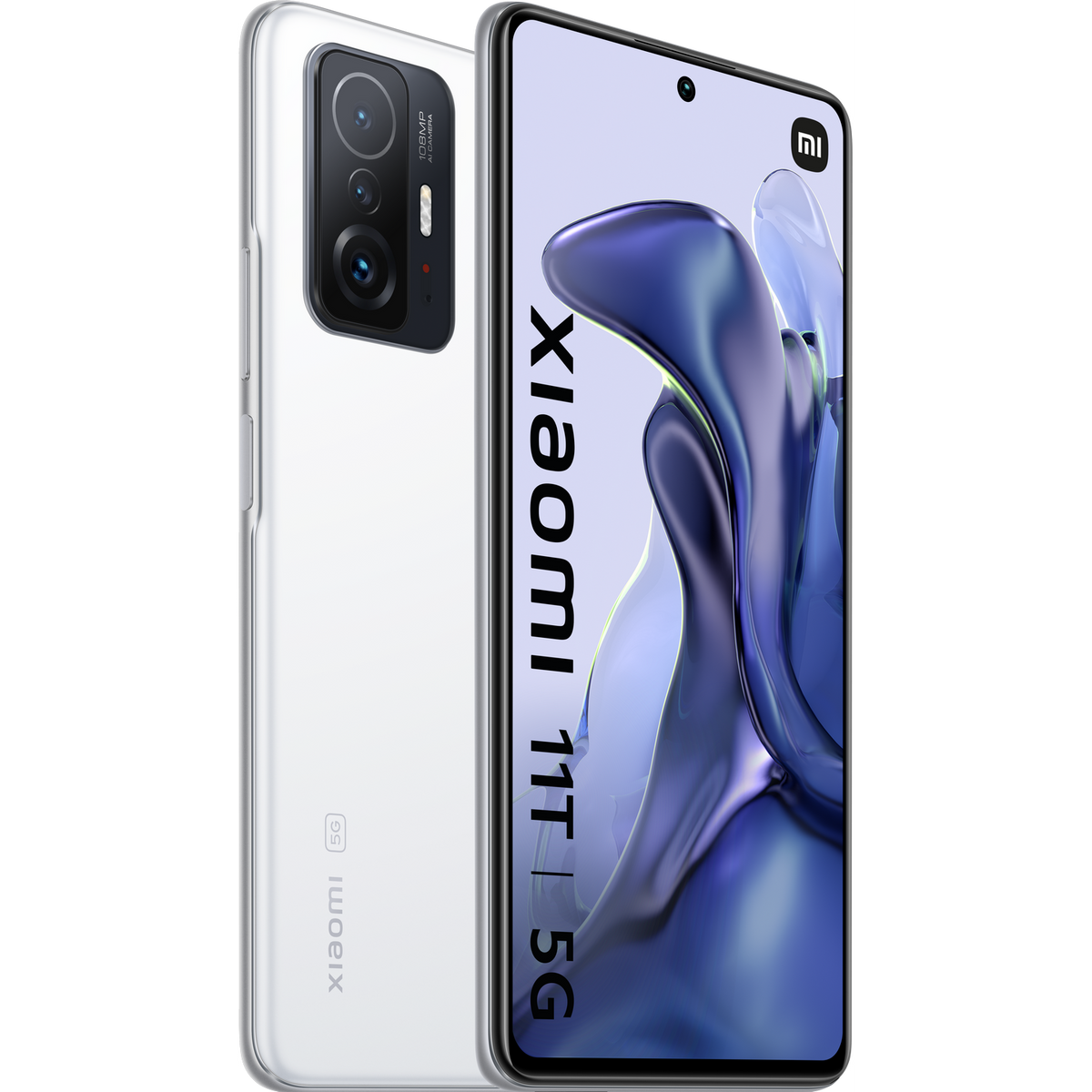 Biały smartfon. Dwa aparaty i logo Xiaomi z tyłu. Ekran wyświetla 'Xiaomi 11T 5G'.