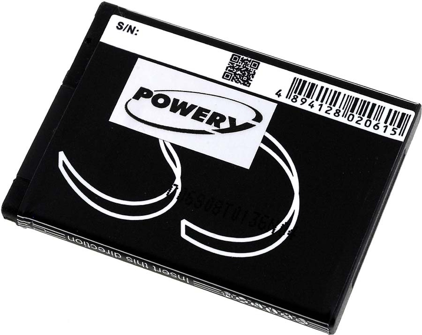 Batería negra con etiqueta blanca y logo 'POWERY'. S/N: y un código QR son visibles.