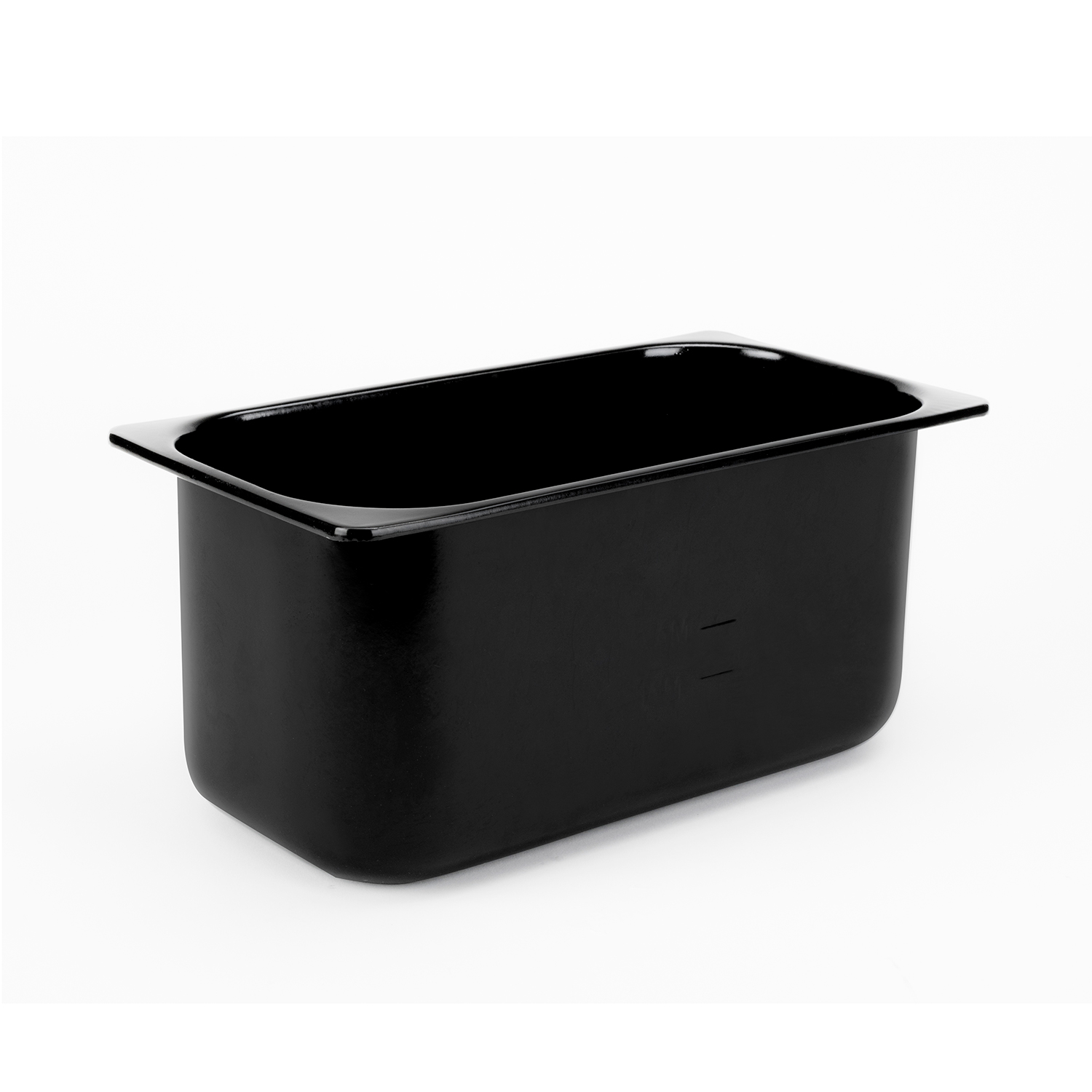 Czarny prostokątny pojemnik z błyszczącym wykończeniem, na białym tle.