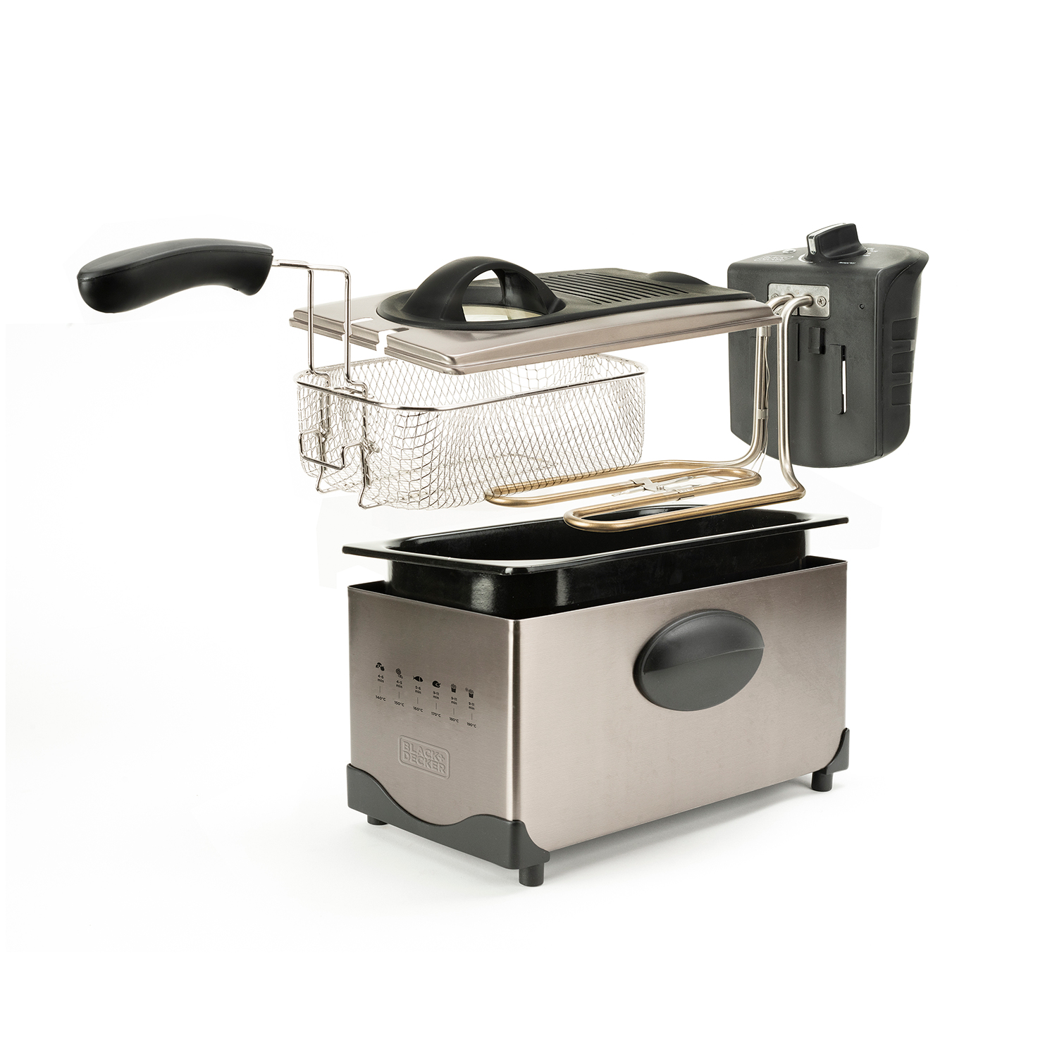 Zdemontowana frytkownica ze stalowymi elementami na białym tle. Widoczny jest kosz.