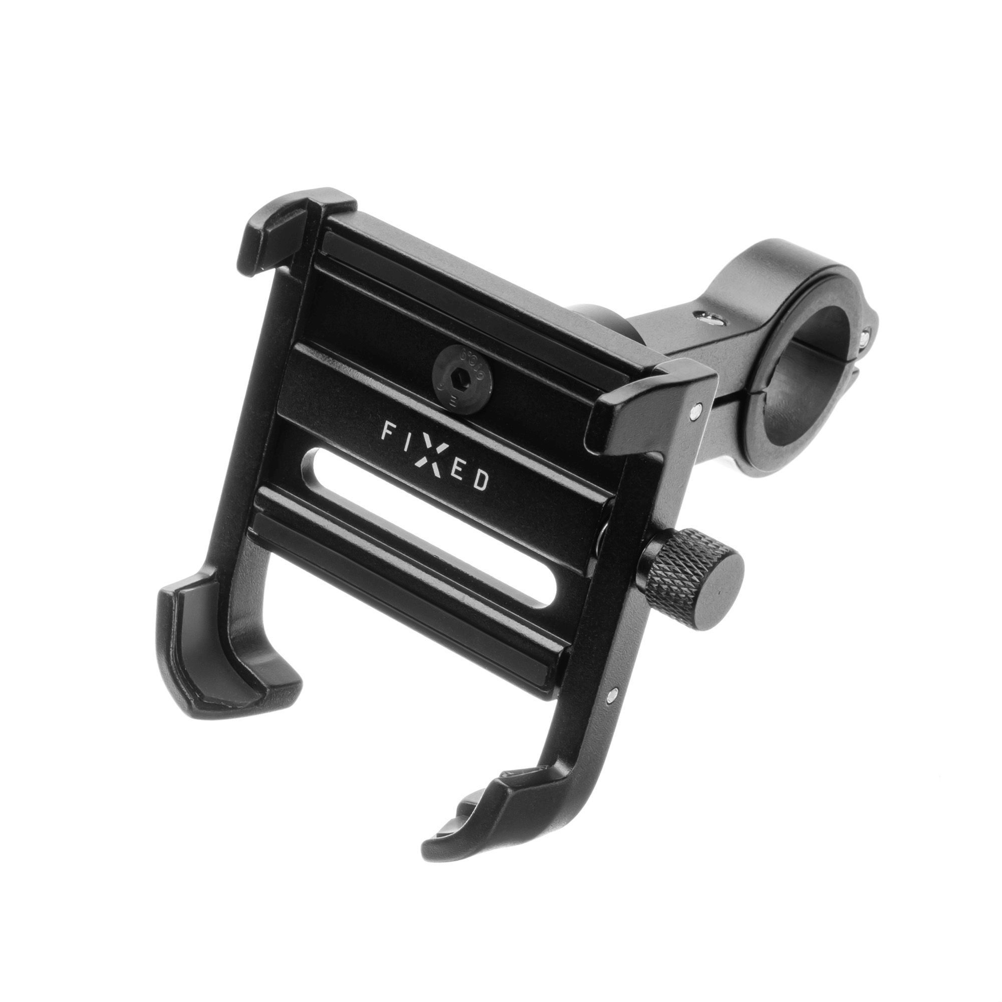 Schwarzer Fahrrad-Telefonhalter, an einer gebogenen schwarzen Stange befestigt. Der Halter ist offen.