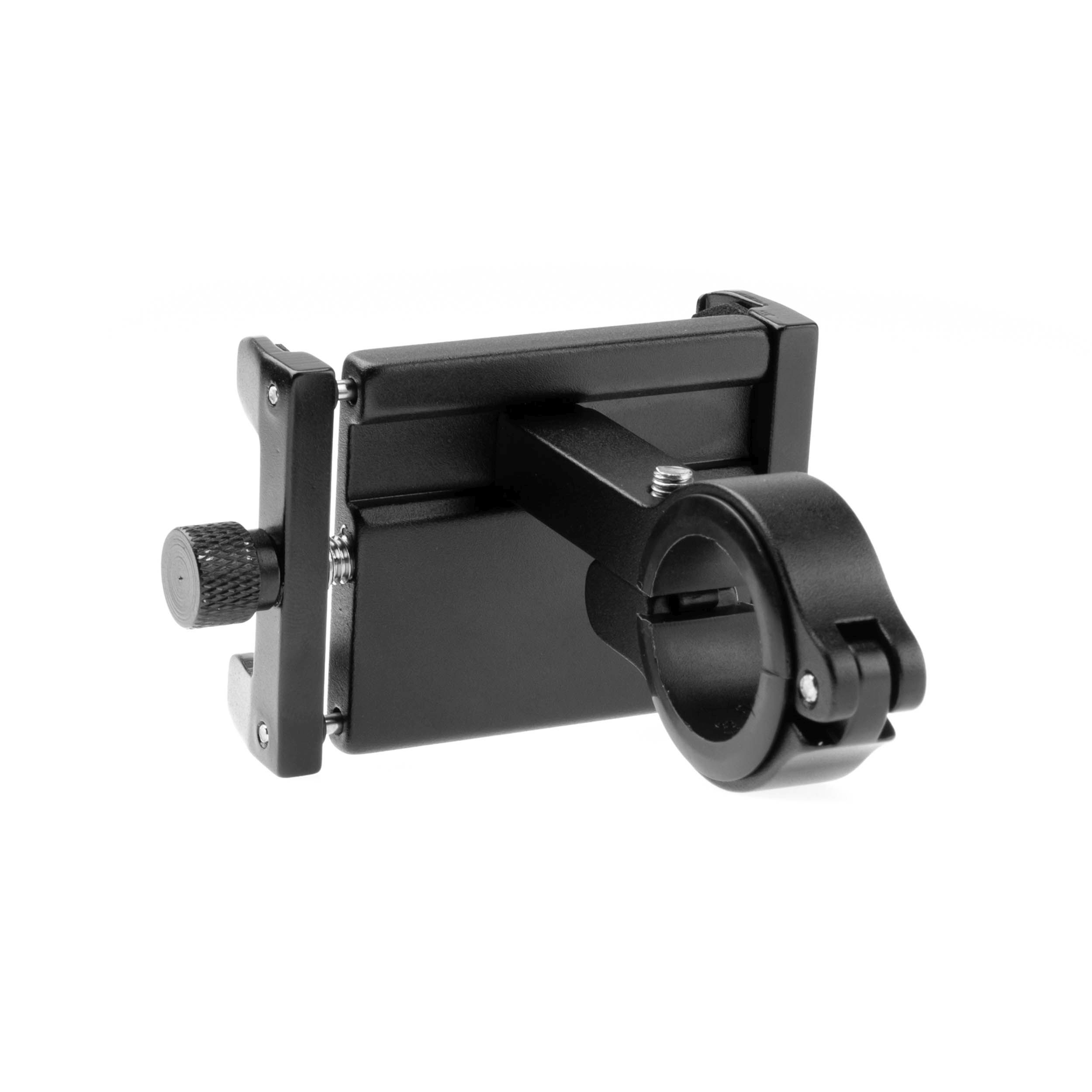 Schwarze Telefonhalterung für einen Fahrradlenker, mit einem verstellbaren Knopf.