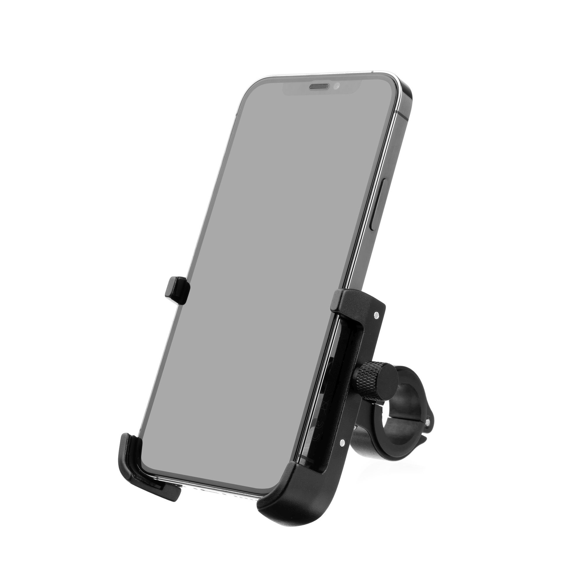 Schwarzes Telefon in einer schwarzen Halterung, die an einem Fahrradlenker befestigt ist, vor weißem Hintergrund.