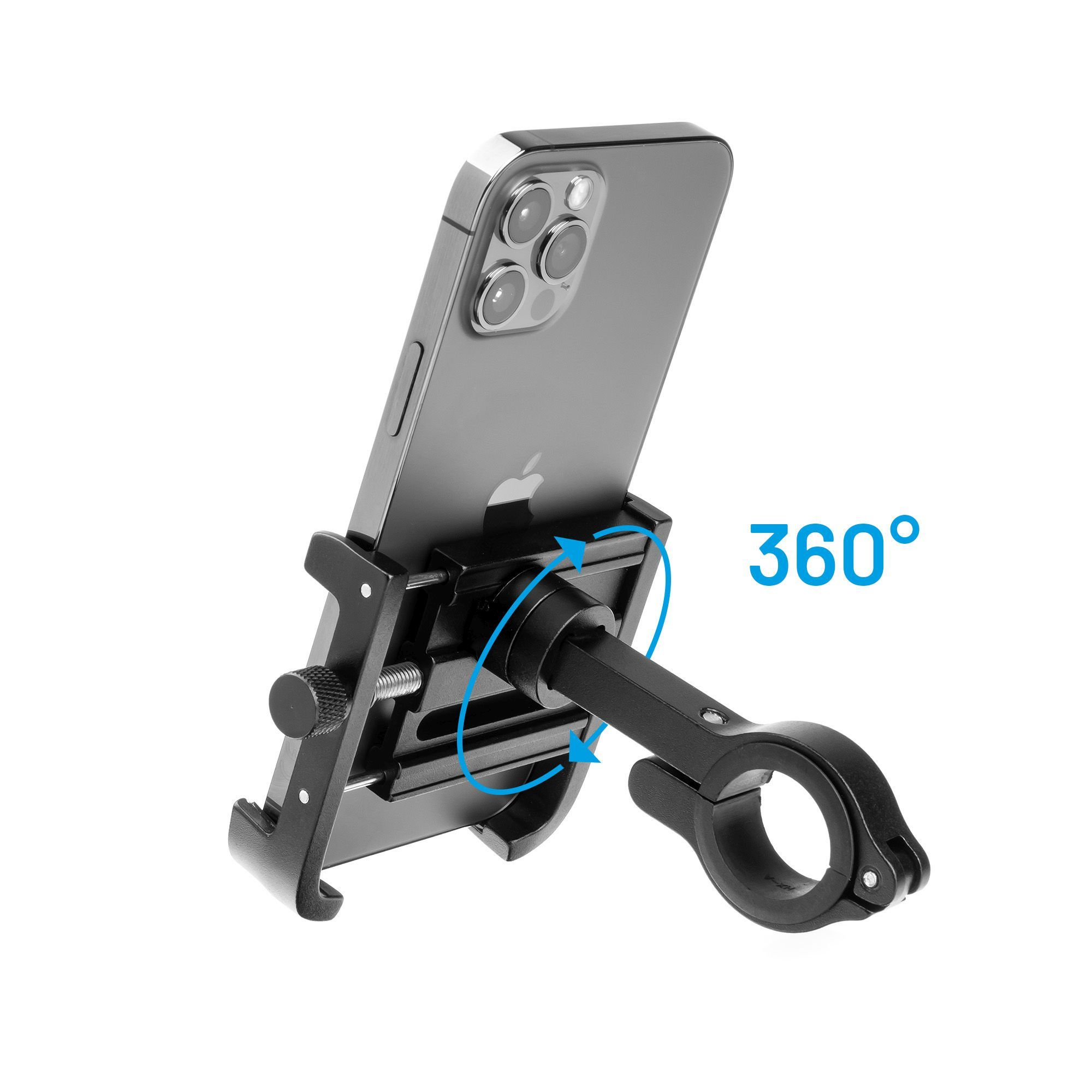 Schwarzes Telefon in einer Halterung, die an einem Fahrradlenker befestigt ist. Die Halterung dreht sich um 360 Grad.