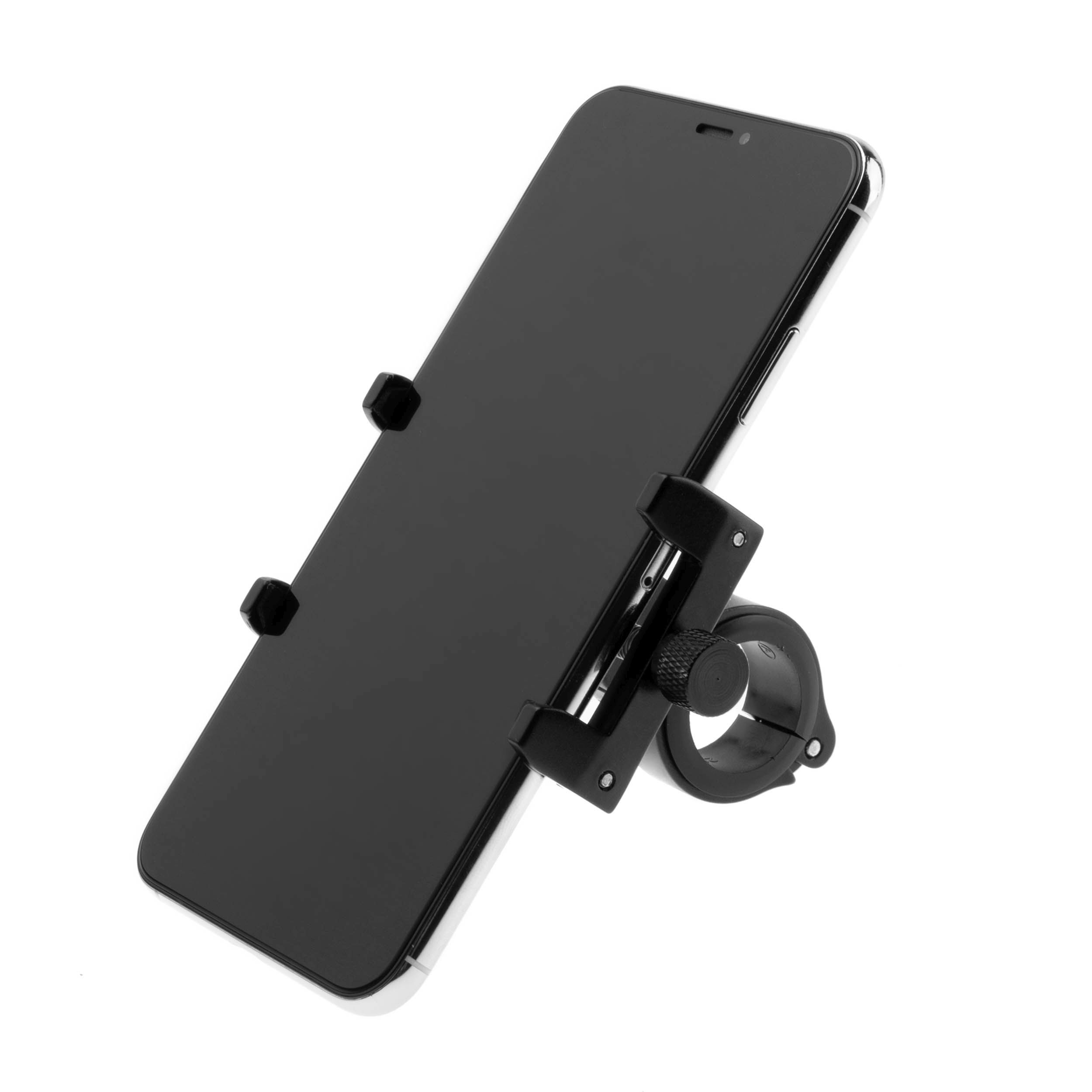Schwarzes Smartphone auf einer schwarzen Telefonhalterung, an einem Fahrradlenker befestigt.