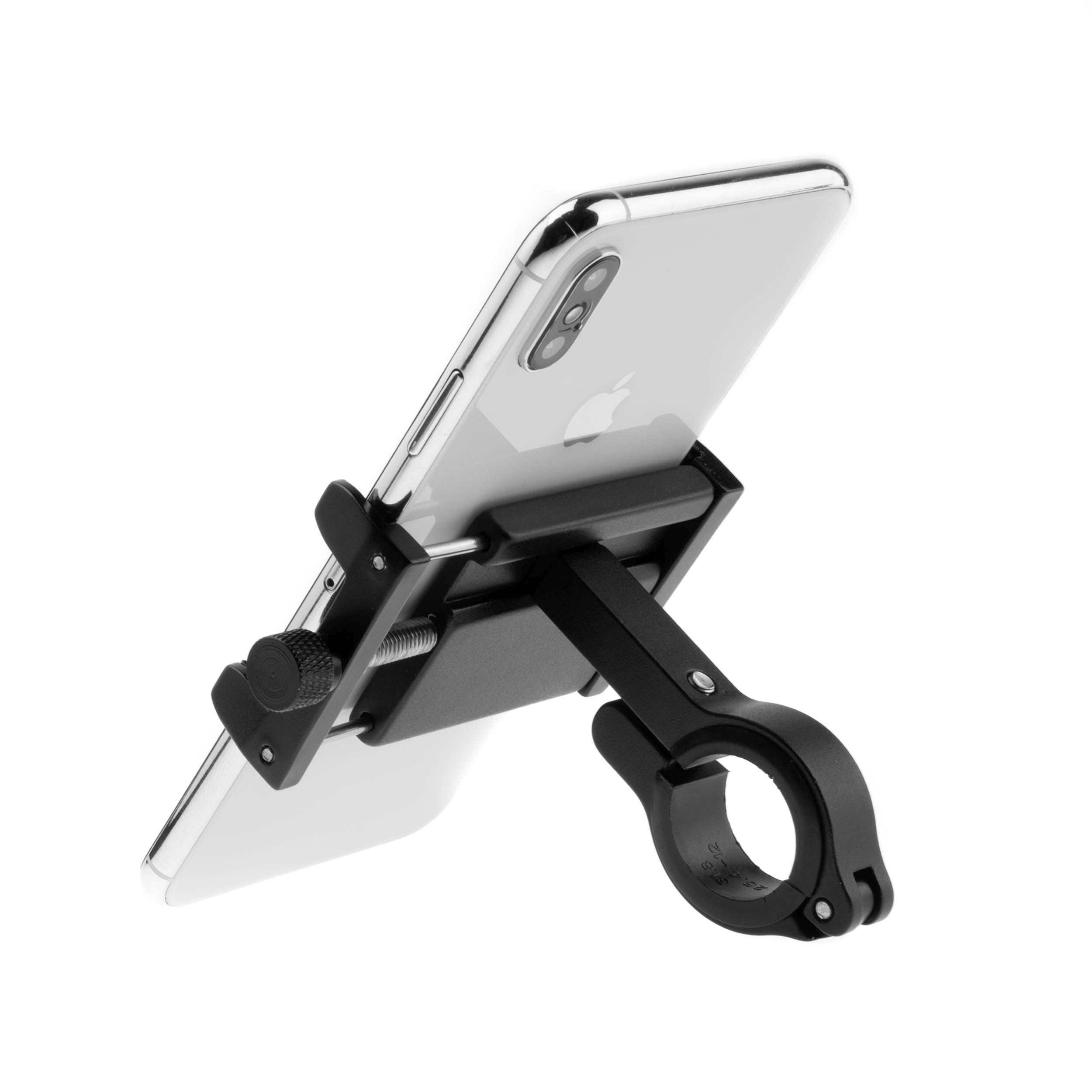 Ein schwarzes Telefon, montiert an einem schwarzen Fahrrad-Telefonhalter. Das Telefon ist silber und weiß.