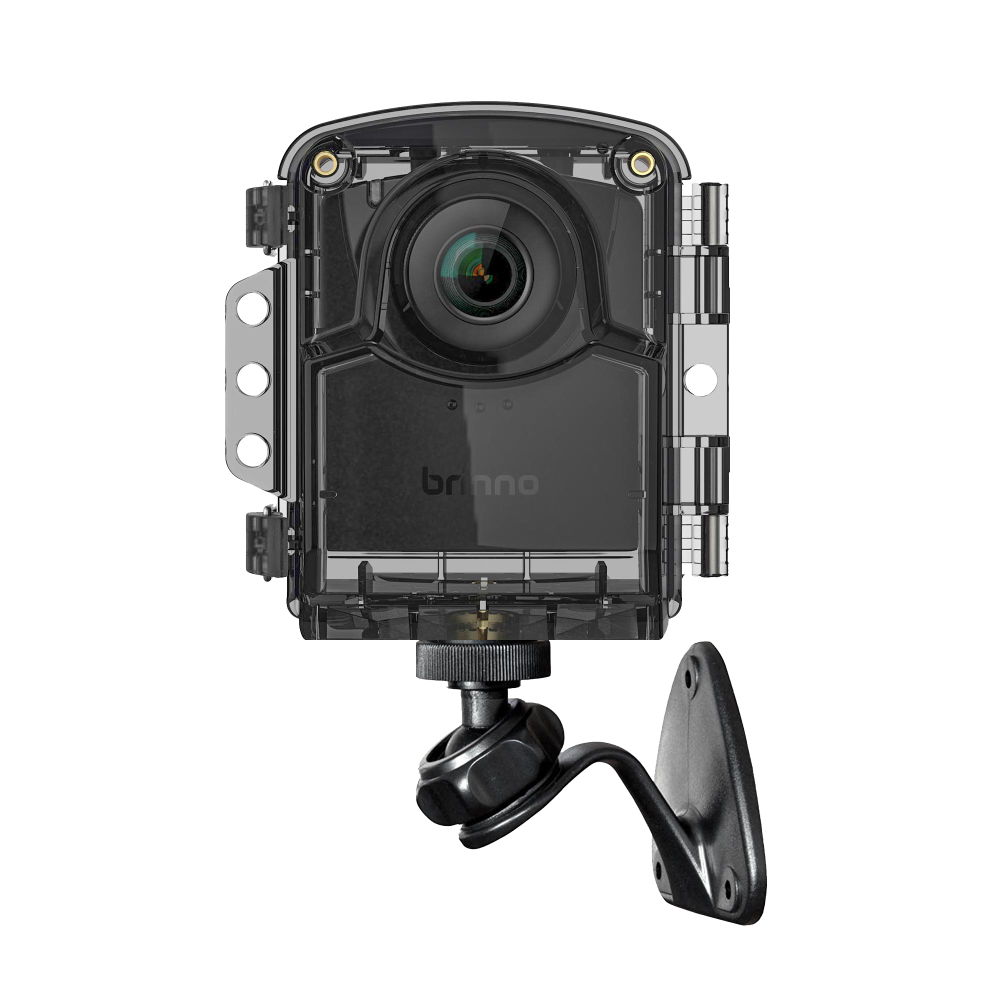 Fotocamera nera con staffa di montaggio. La fotocamera ha un obiettivo ed è montata su una staffa nera.