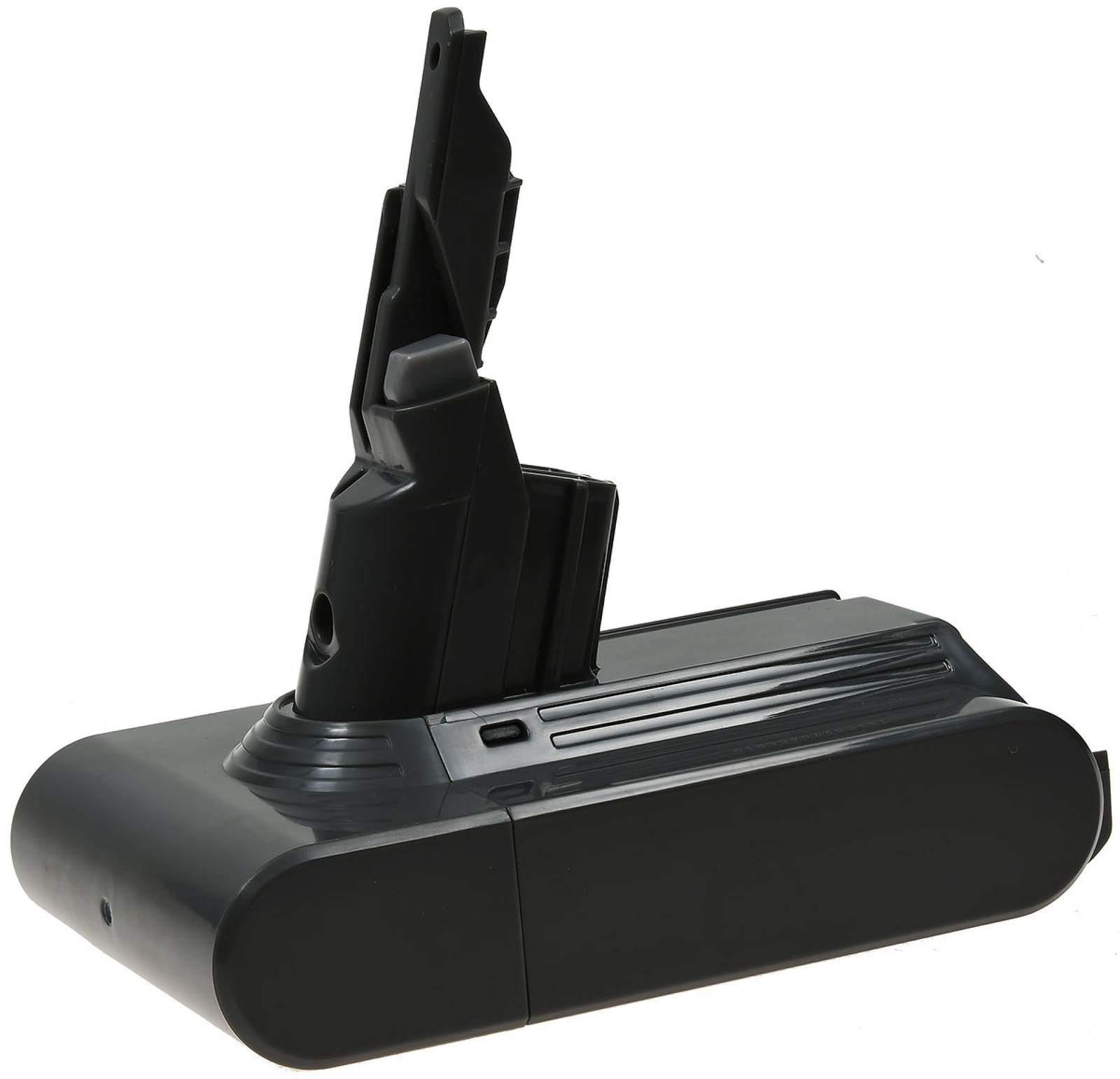 Schwarze Staubsauger-Batteriebasis mit aufrechtem Anschluss. Es hat eine graue Oberseite und eine schwarze Basis.