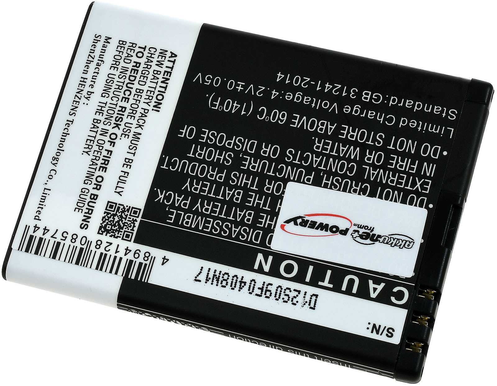 Batería negra con etiqueta blanca, advertencias y un código QR. 'POWERY' y 'Shenzhen HENZENS'.