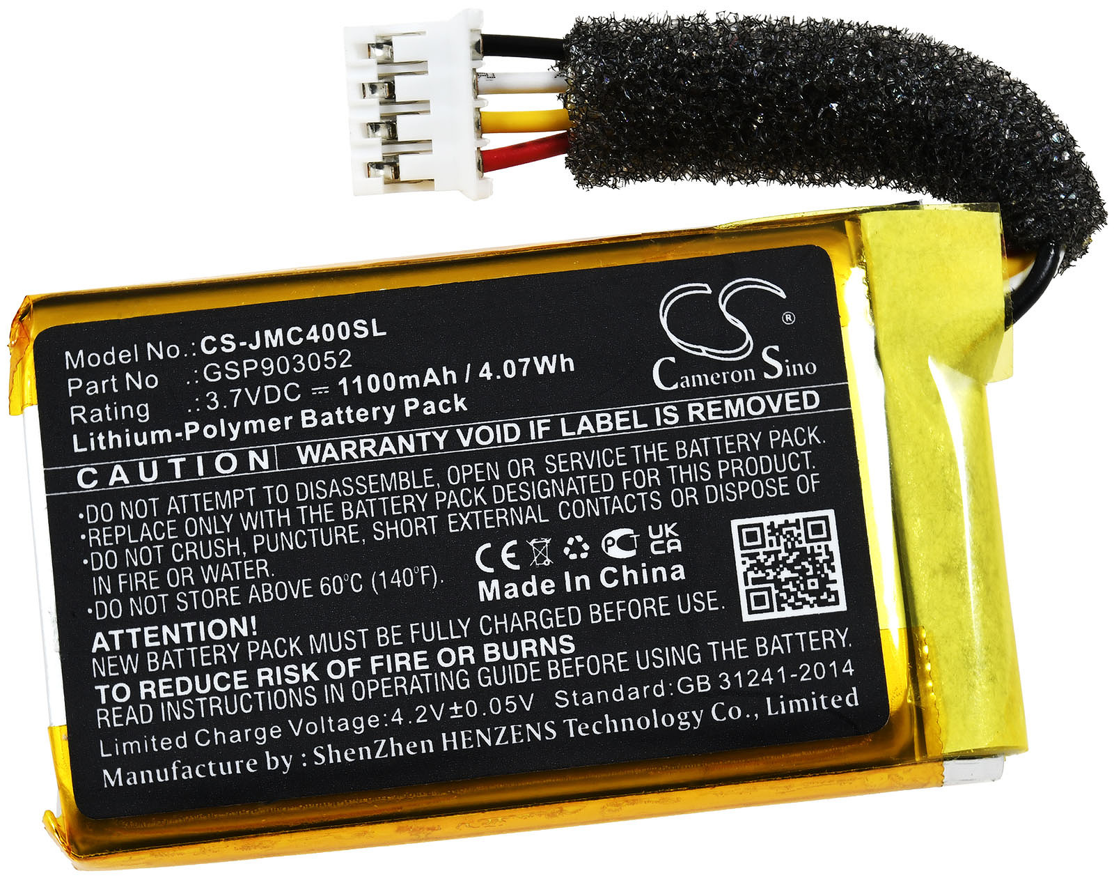 Ein Akkupack mit gelbem Klebeband, einem schwarzen Etikett mit Text und einem Stecker mit Drähten.