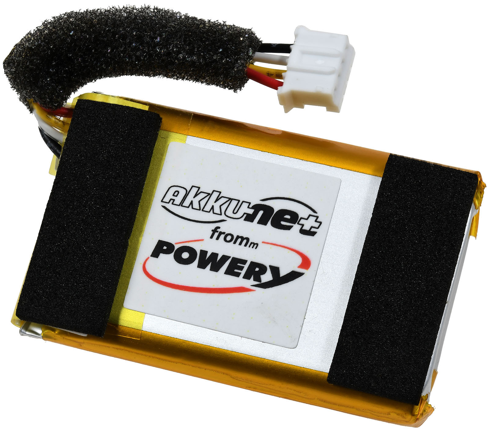 Goldener Akku mit Schaumstoffpolstern und einem weißen Stecker. Aufschrift "Akkunet+ from mPOWER".