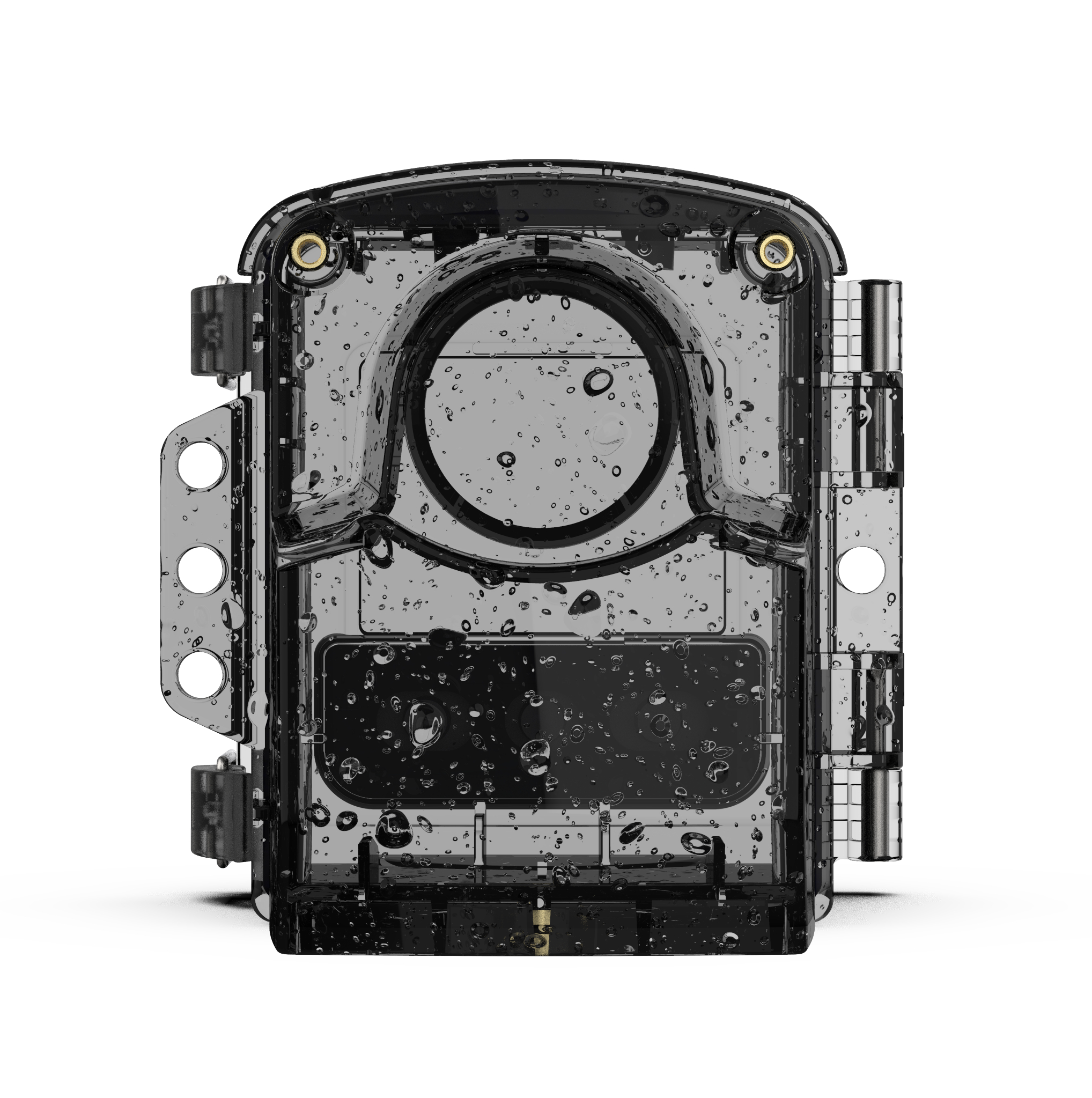 Schwarzes, transparentes Kameragehäuse mit Wassertropfen, Nahaufnahme.