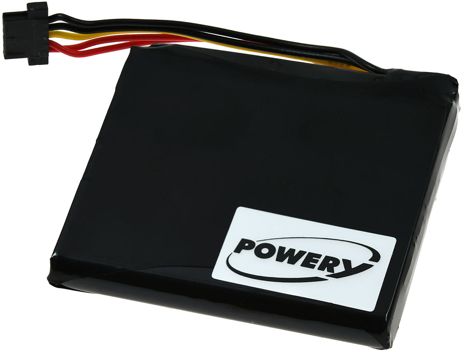 Una batería negra con una etiqueta blanca que dice "Powery". Tiene un conector negro con cables rojos, amarillos y negros.