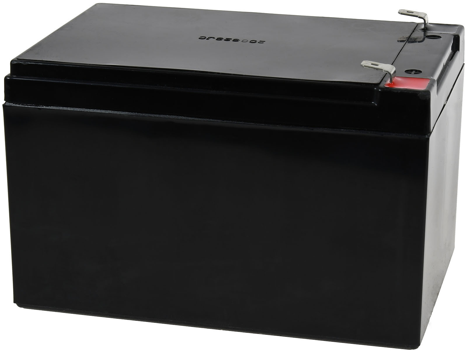 Schwarze rechteckige Batterie mit roten und weißen Details.