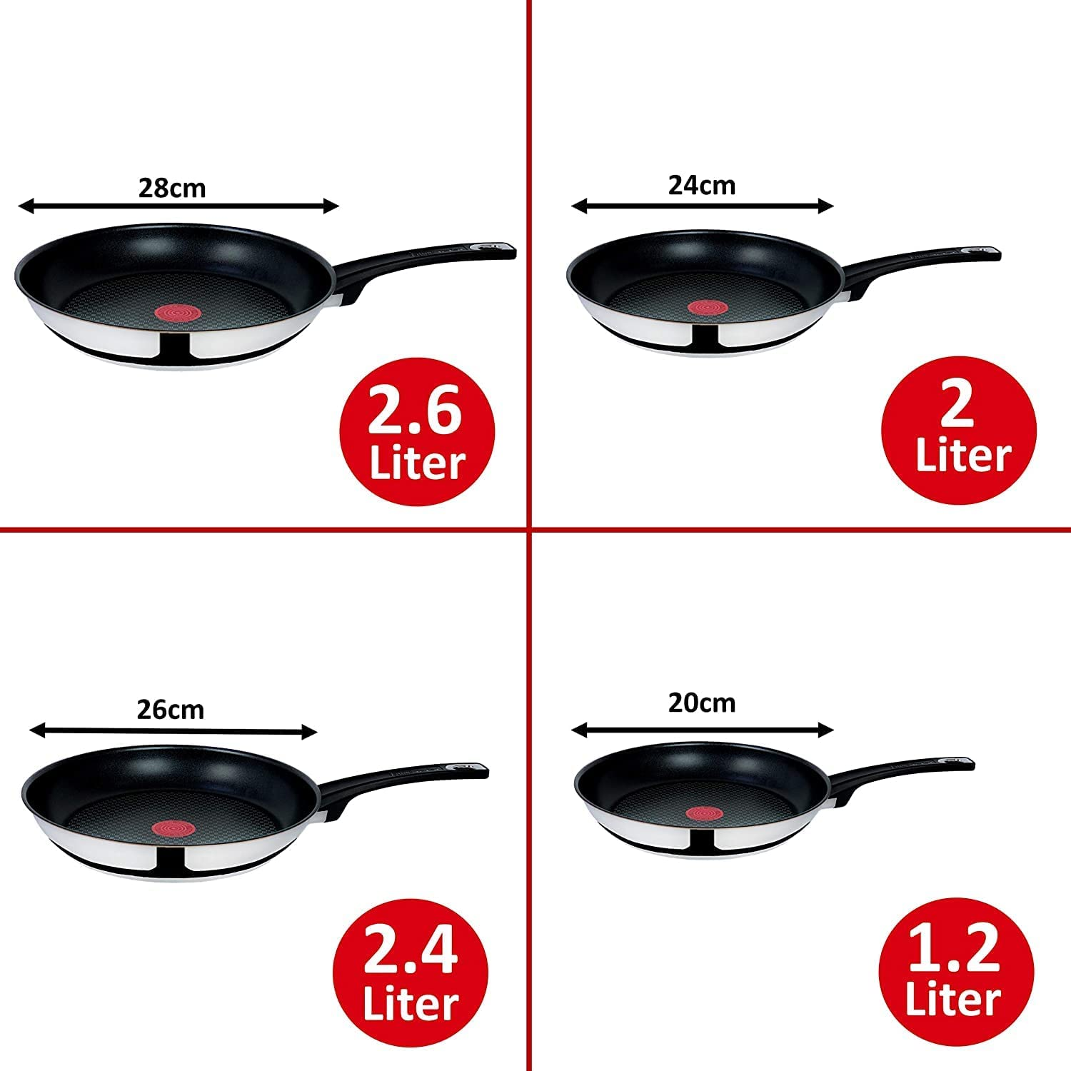 Vier Bratpfannen mit Durchmessern von 28cm, 24cm, 26cm und 20cm.