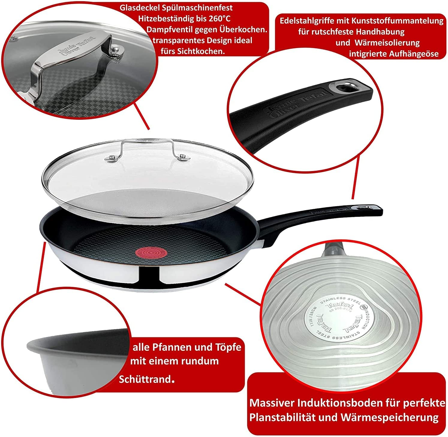 Tefal Jamie Oliver Pfanne mit Glasdeckel und detaillierten Beschriftungen.