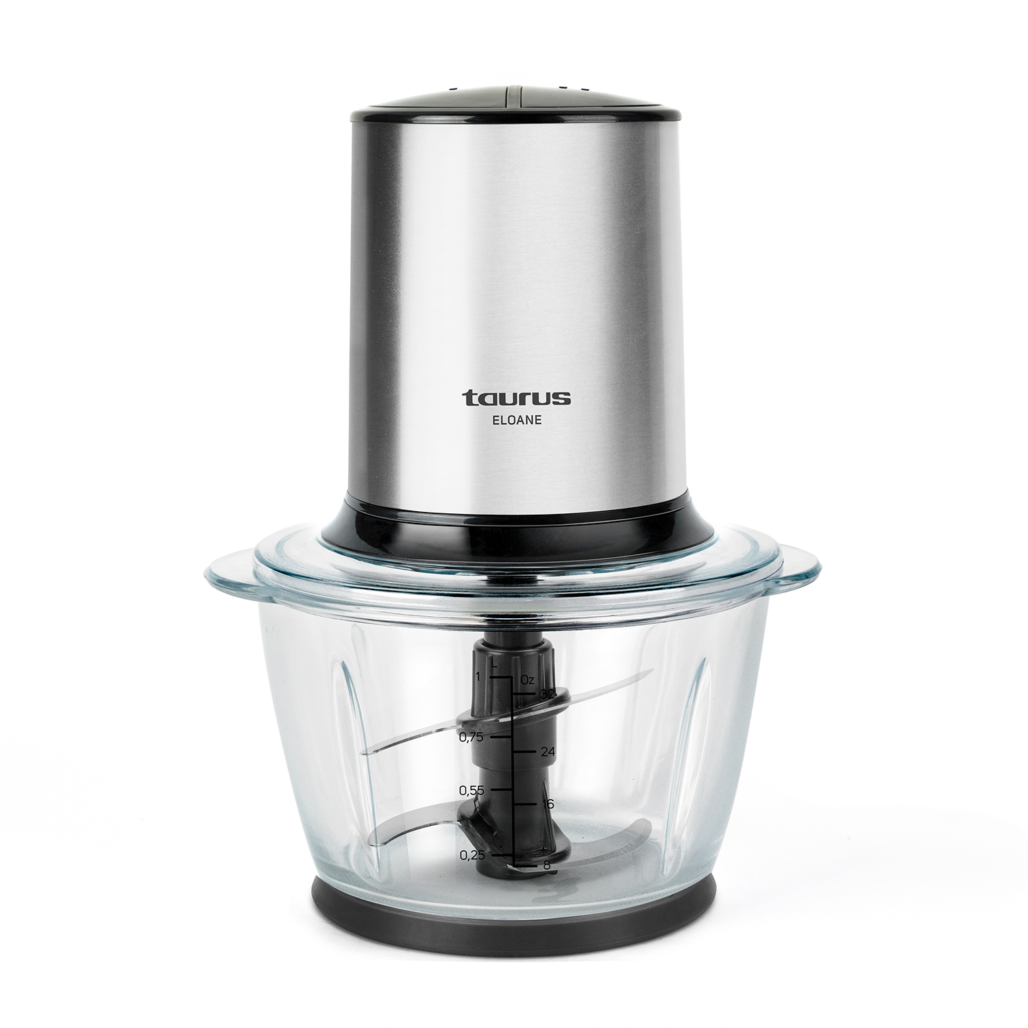 Robot da cucina Taurus Eloane con ciotola in vetro e parte superiore in acciaio inox.