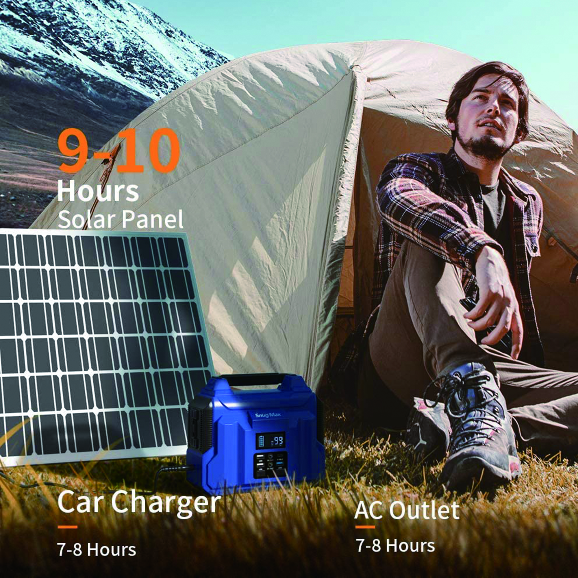 Mann bei Zelt und Solarpanel mit Ladegerät.