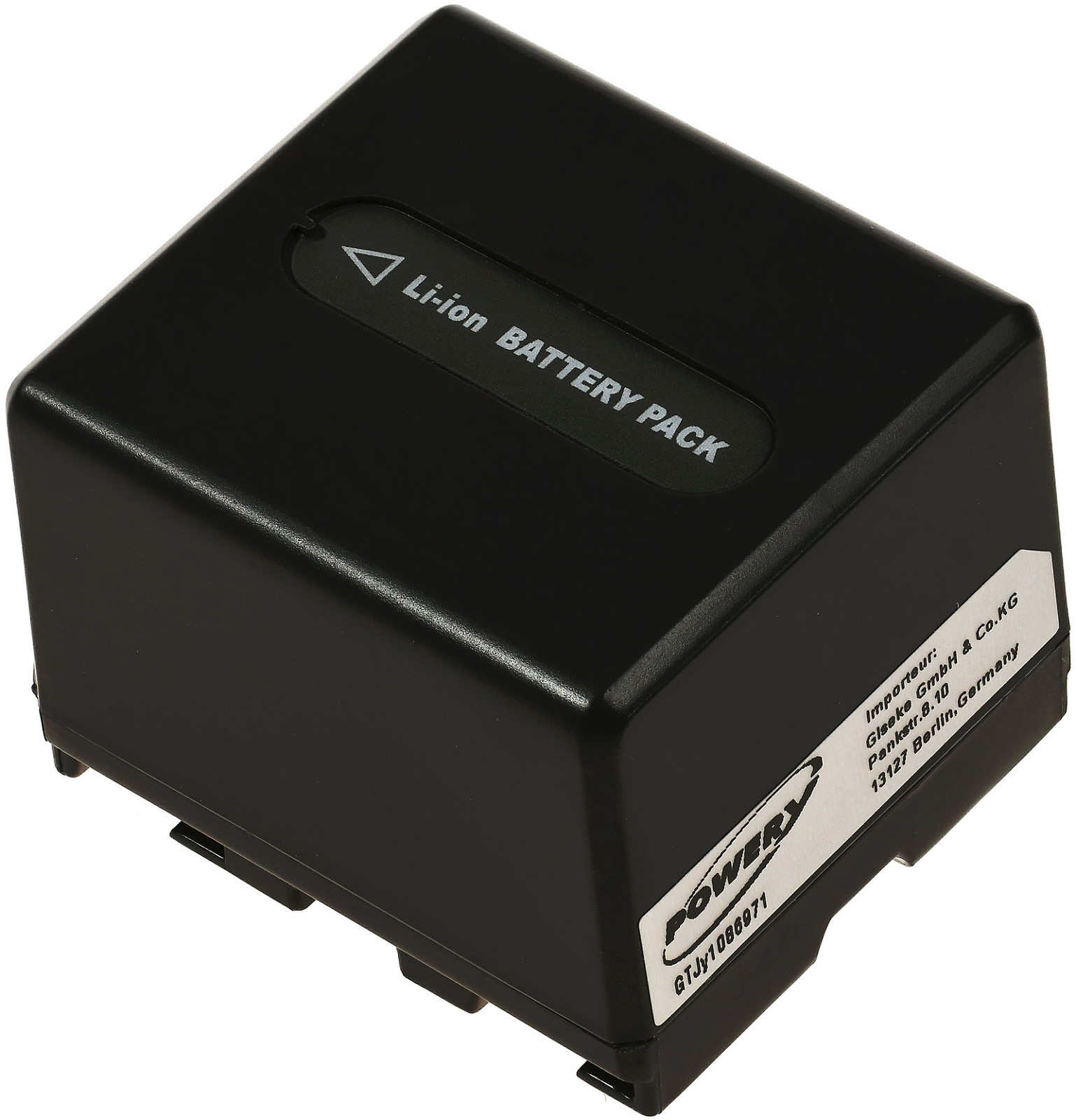 Batería Li-ion negra con texto blanco y pegatina POWERX, aislada.