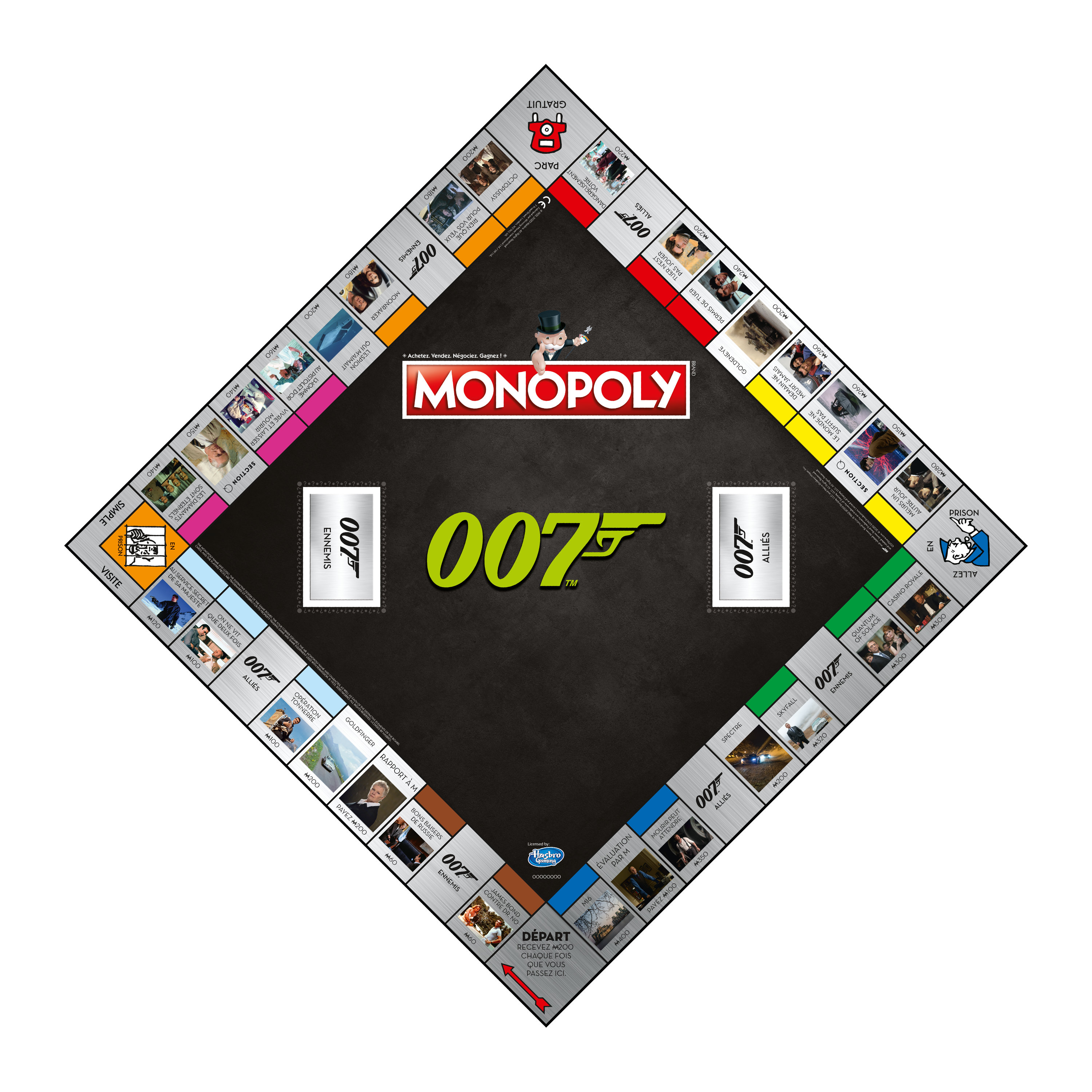 Monopoly-Brettspiel. Das Brett ist rautenförmig und hat ein 007-Thema.