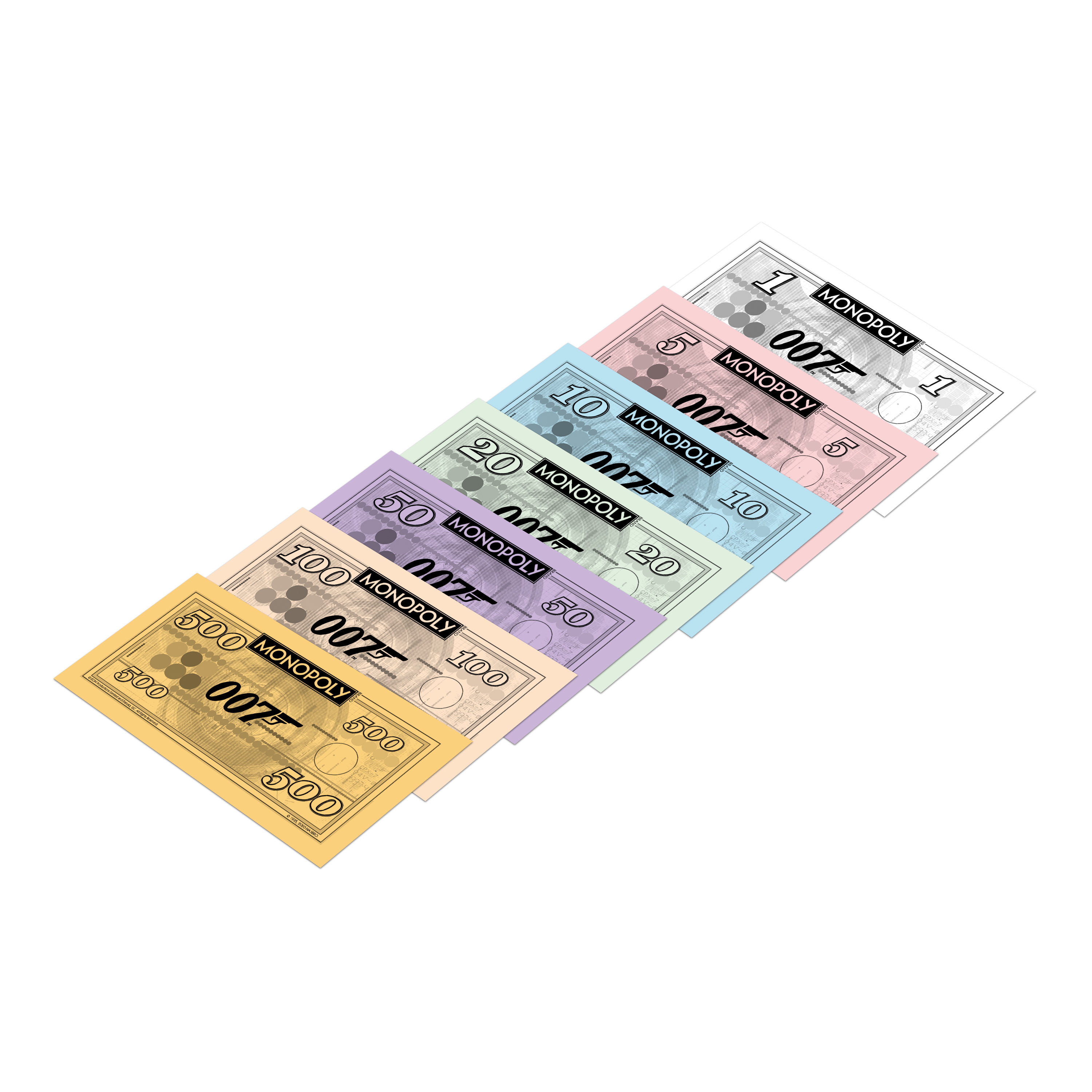 Satz Monopoly-Geld. Scheine von 1, 5, 10, 20, 50, 100, 500. Jeder Schein mit '007' und 'MONOPOLY'.