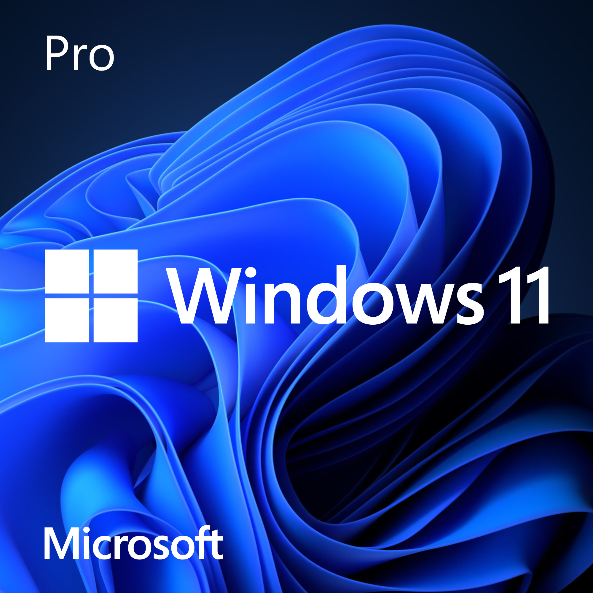 Blaues Windows 11 Pro Logo auf dunkelblauem Hintergrund mit Wirbelmustern und Microsoft Logo.