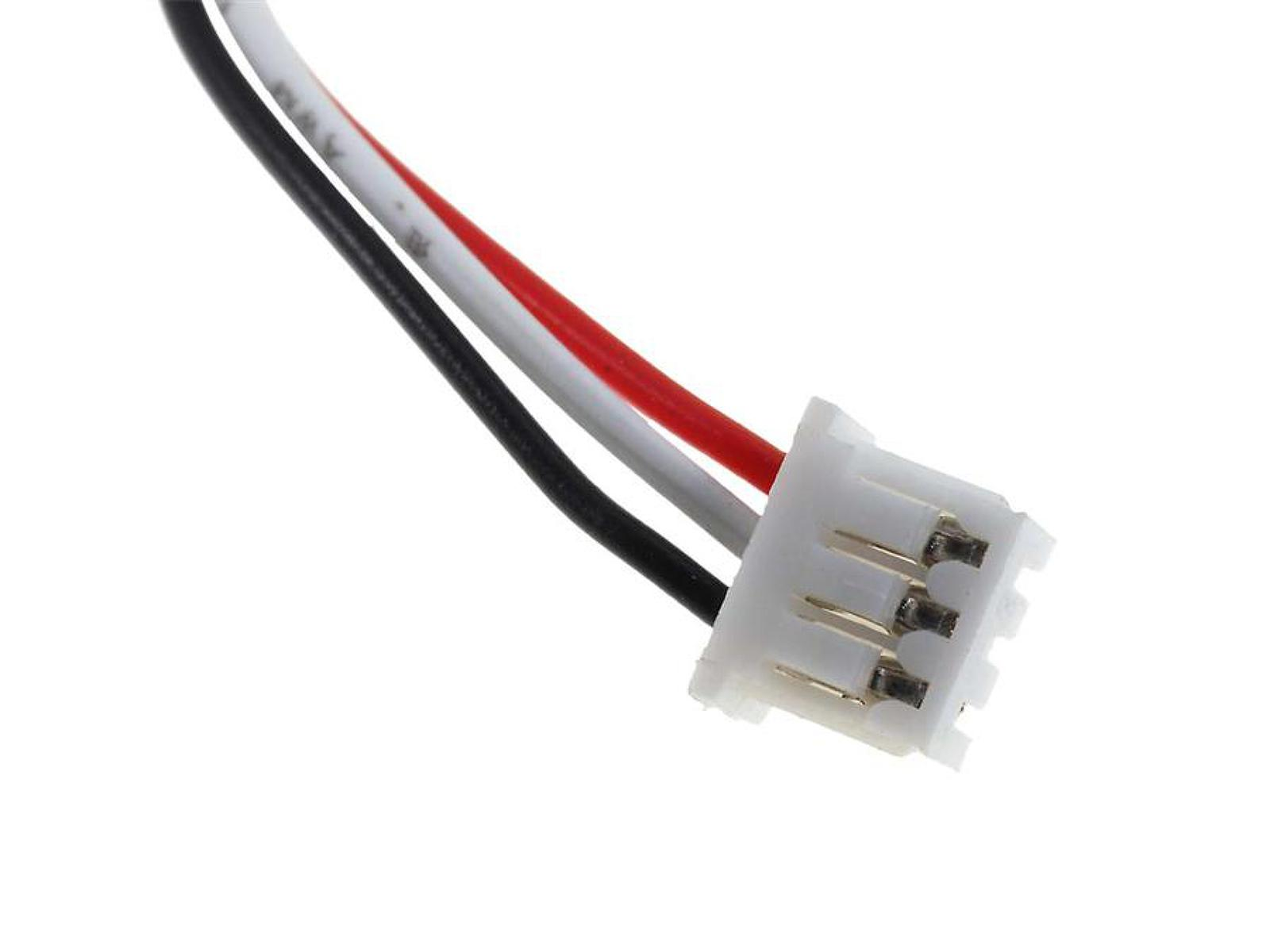 Primer plano de un conector blanco con tres cables: negro, blanco y rojo. Los cables están expuestos.
