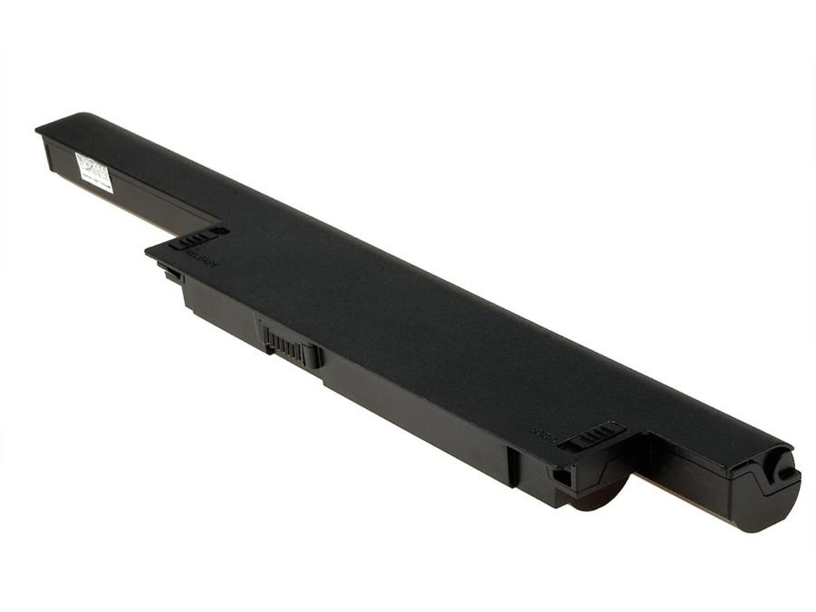 Paquete de baterías largo y negro con conector y pestillo. Forma rectangular.