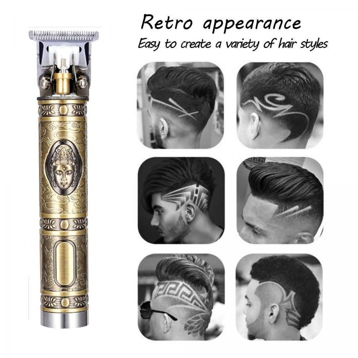 Złota maszynka do włosów z obrazami fryzur, w stylu retro, na białym tle.