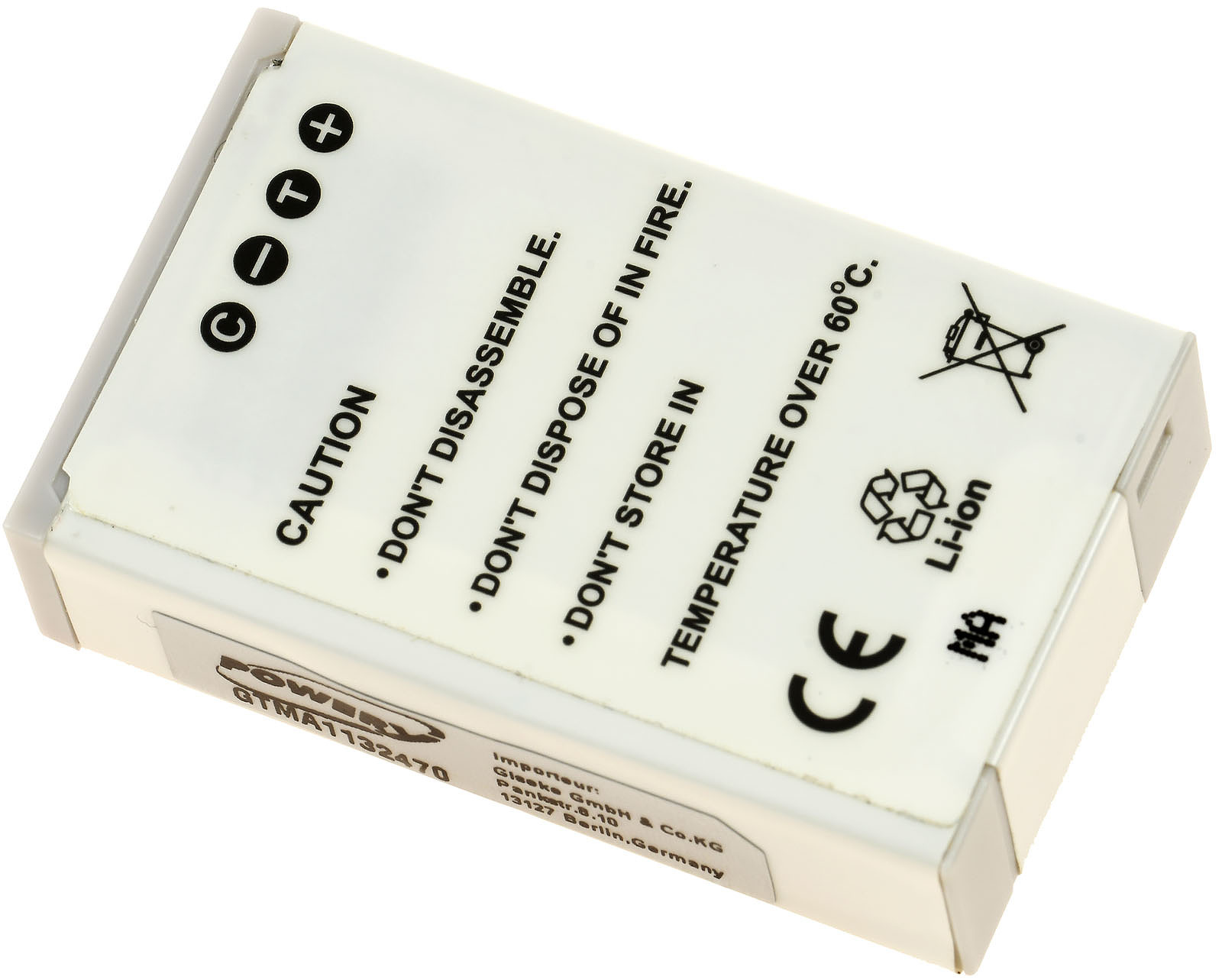 Una batería blanca con las palabras 'PRECAUCIÓN' y otras advertencias, incluyendo un logo.