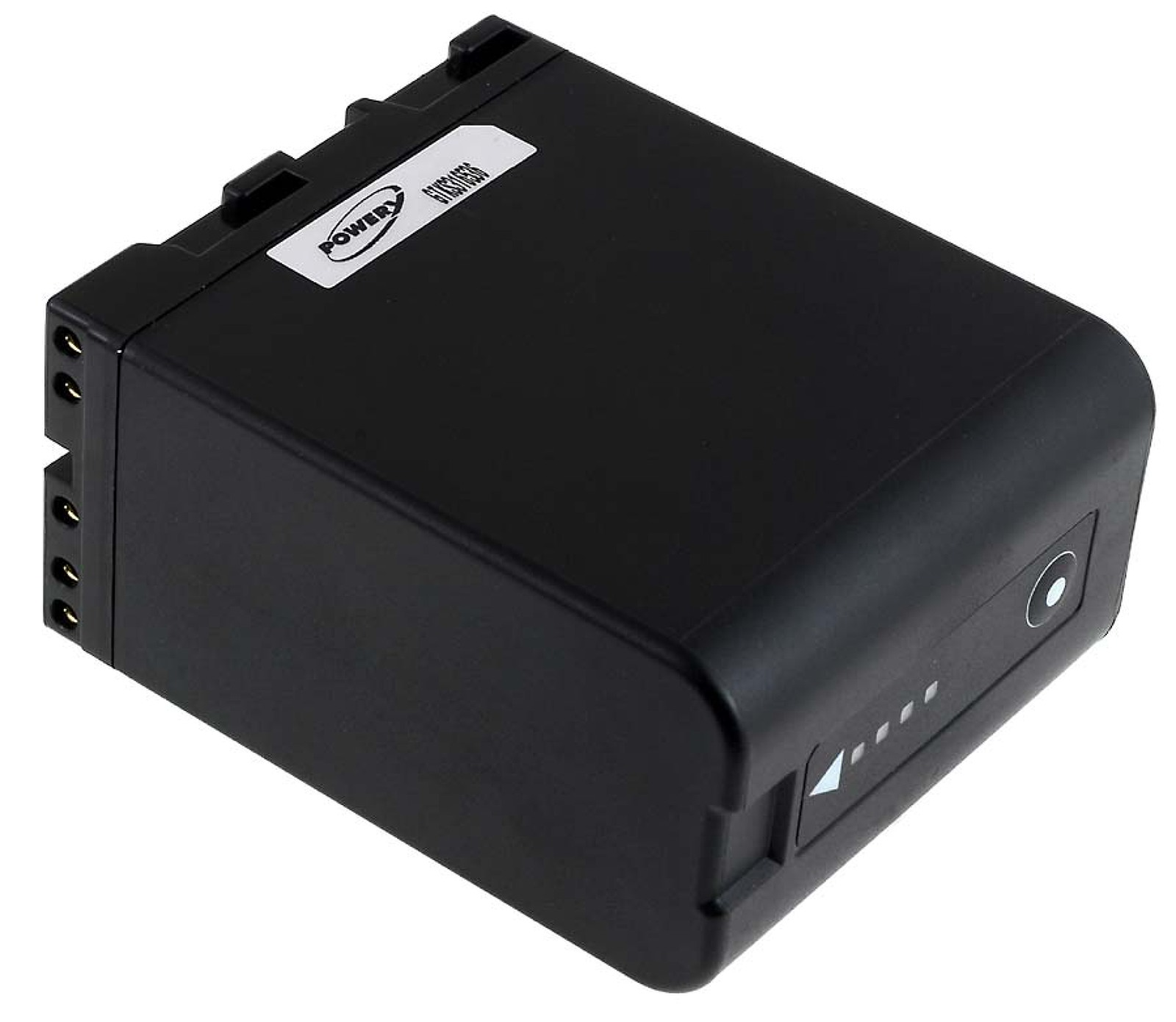 Paquete de baterías rectangular negro con etiqueta blanca y puertos de conector en el lateral. Diseño angular.