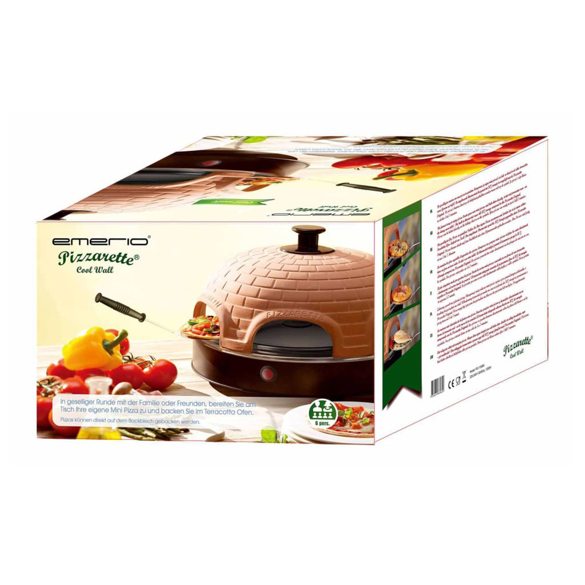 Forno per pizza inscatolato con testo, una maniglia e una pizza sul davanti. Forno marrone, scatola bianca.