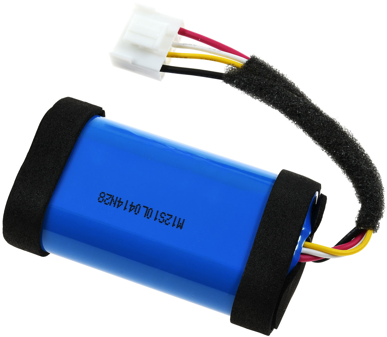 Blaue Batterie mit schwarzer Schaumstoffumwicklung, weißem Stecker und bunten Drähten.