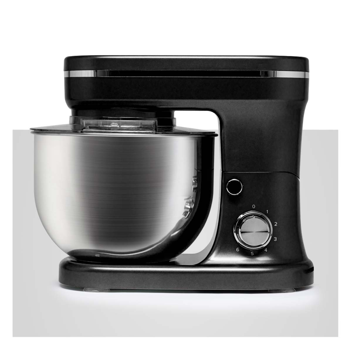 Black stand mixer with a stainless steel bowl. The mixer has speed settings.