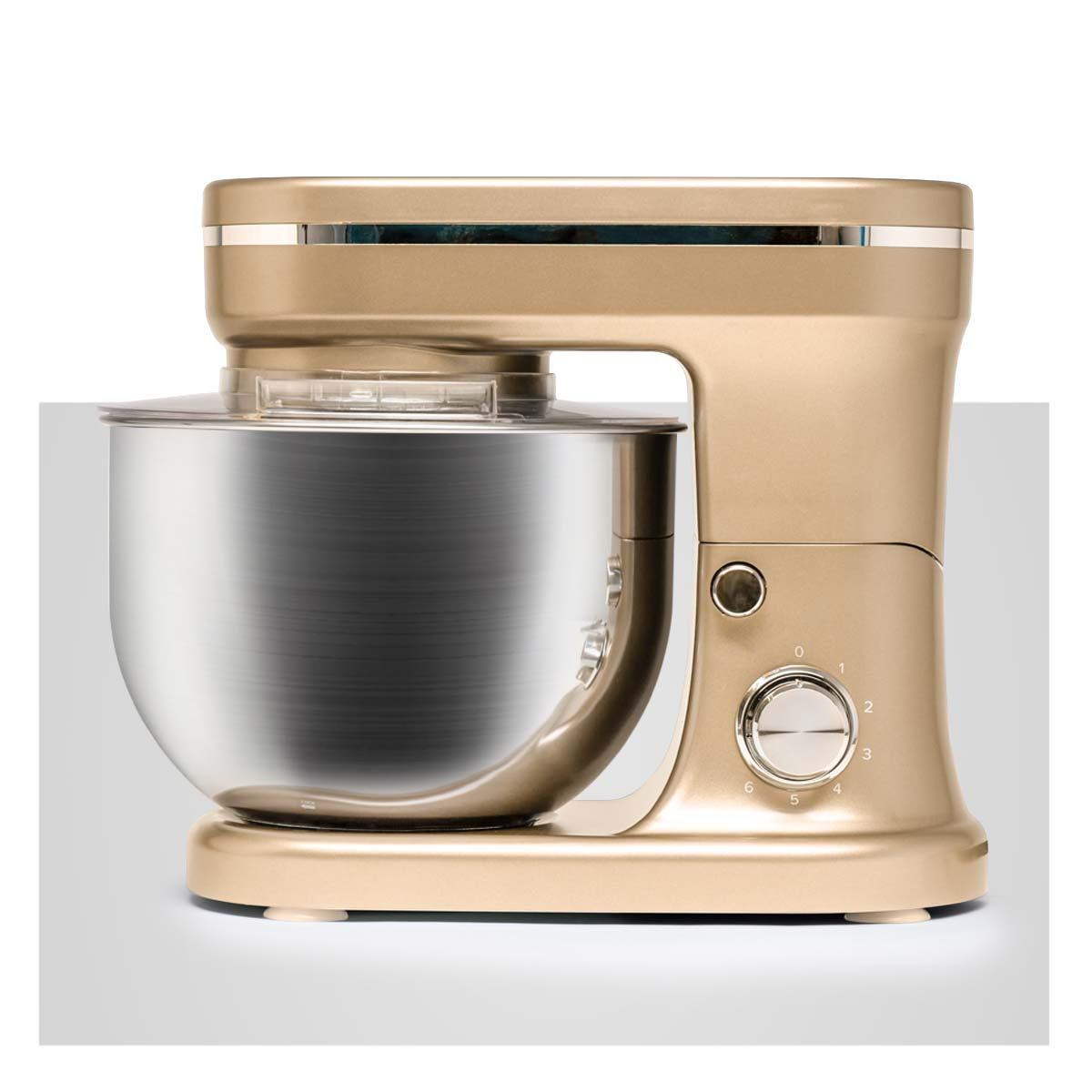 Gold stand mixer machine with a silver bowl and a dial. White background.