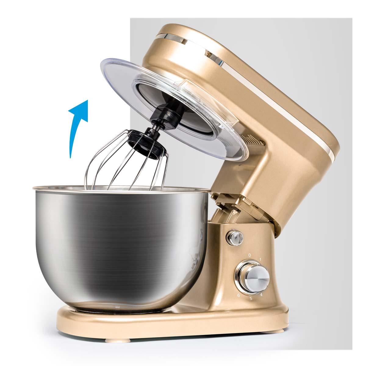 Gold stand mixer with bowl and whisk, bowl tilted, arrow shows upward.