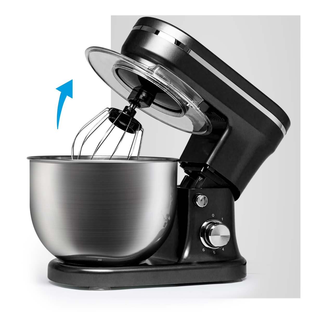 A black stand mixer with a stainless steel bowl and a whisk attachment, the lid is open.