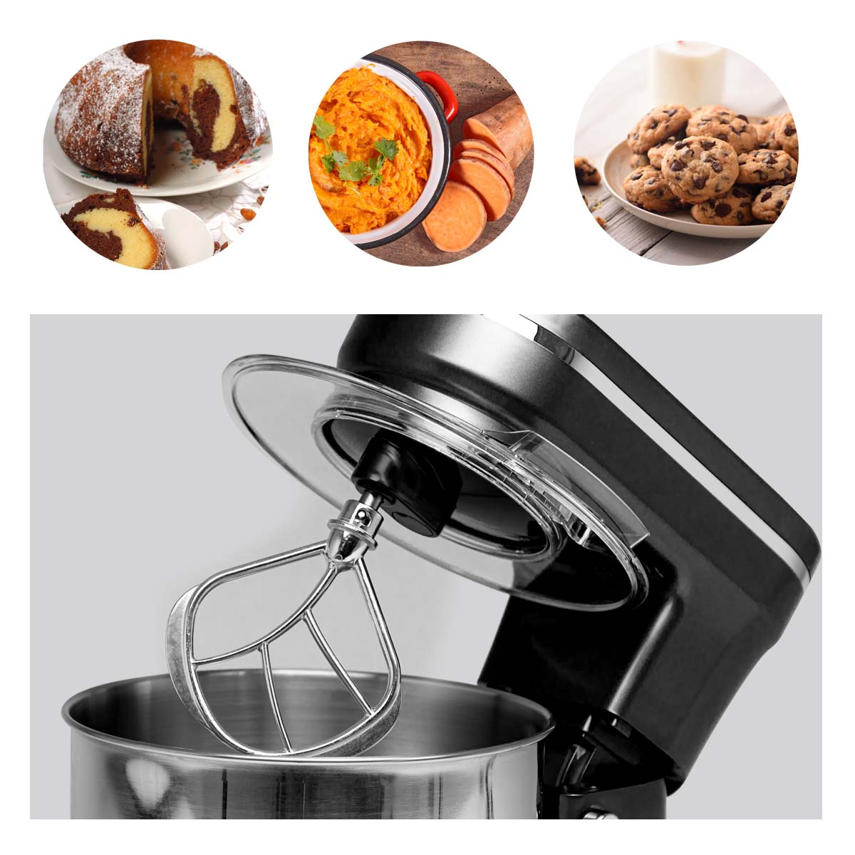 Mixer with food samples, including cake, mashed sweet potato, cookies.