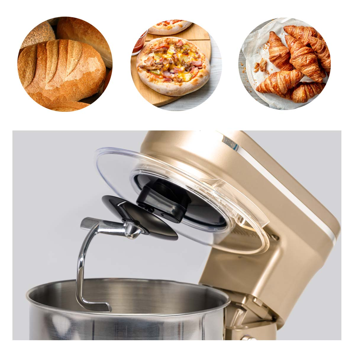 A gold-colored stand mixer with various attachments and close-up views of food items.