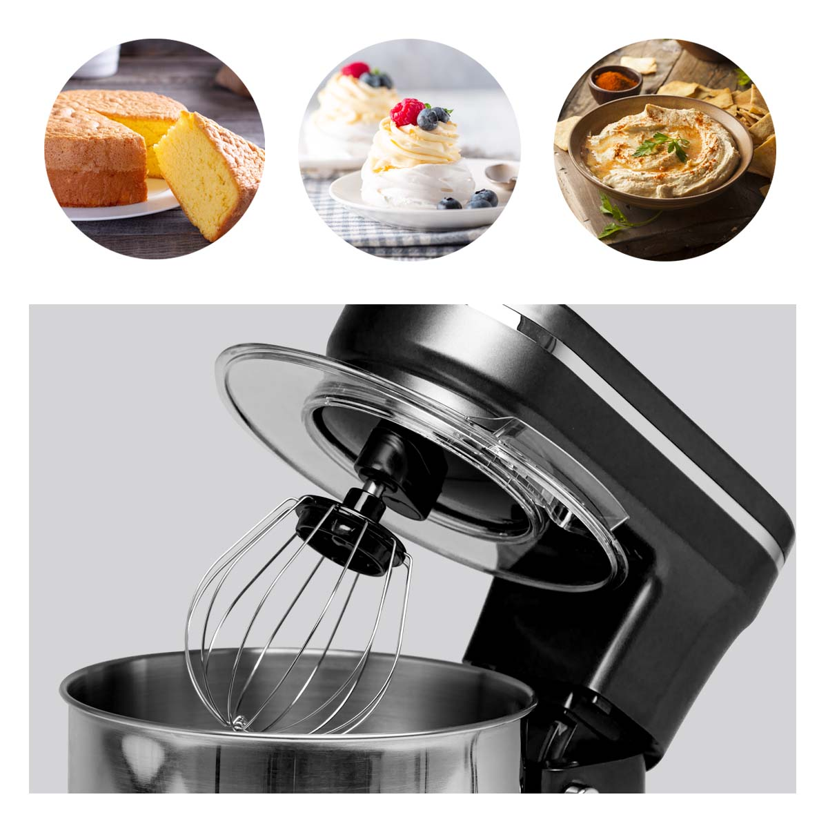 Mixer with food, including cake and hummus, in a kitchen setting.