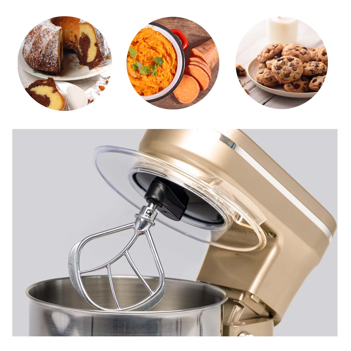 A gold stand mixer with attachments, with pictures of baked goods above: cake, sweet potatoes, and cookies.