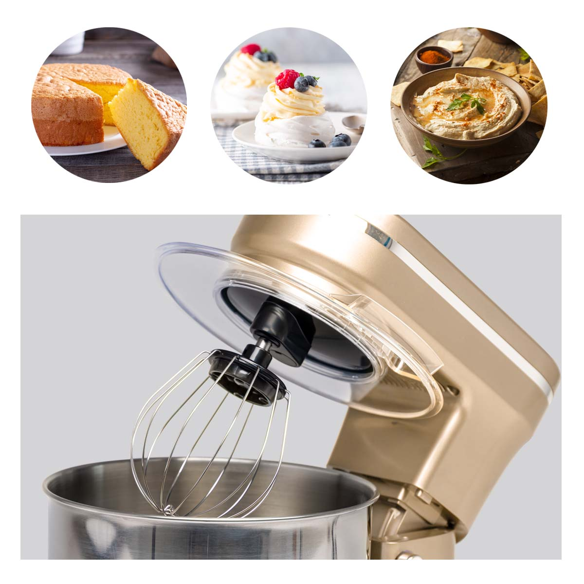 Kitchen mixer with bowls and cakes in the background.
